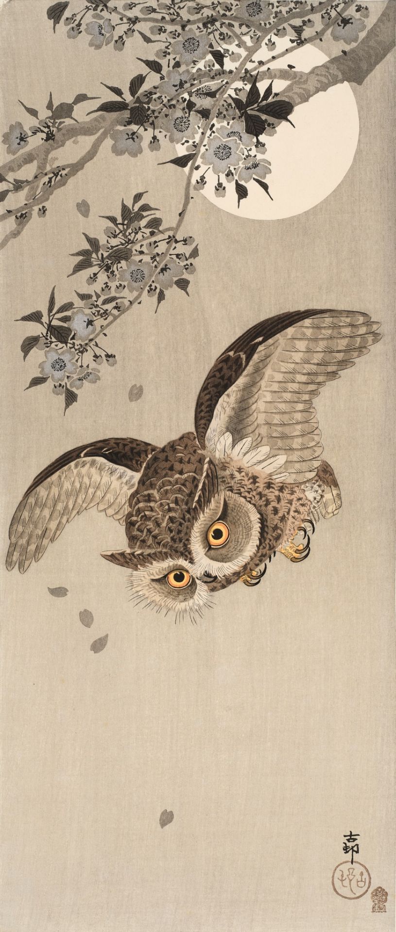 OHARA KOSON (1877-1945), SCOPS OWL IN FLIGHT, CHERRY BLOSSOMS AND FULL MOON