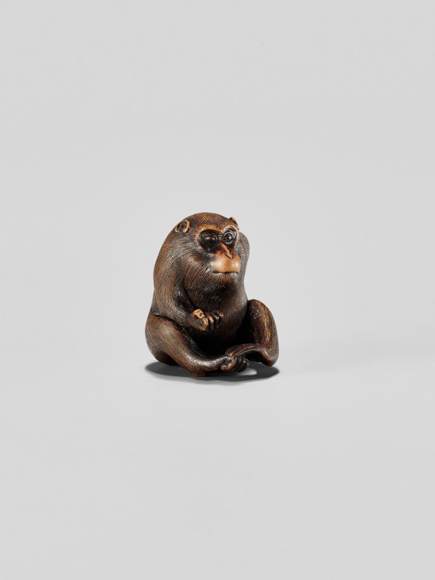 KAZUMASA: A WOOD NETSUKE OF A MONKEY PICKING FLEAS - Image 7 of 11