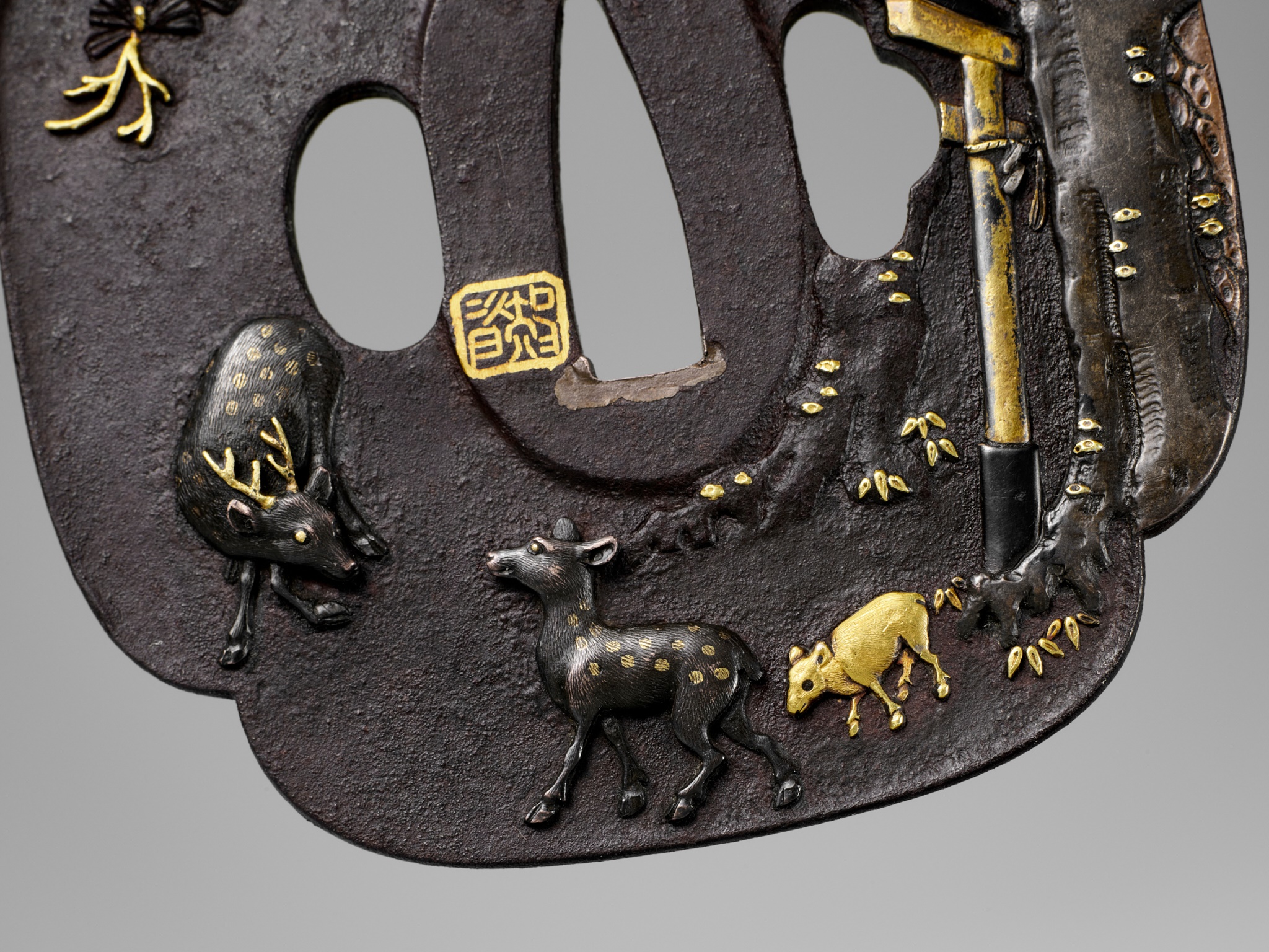 SHOZUI: A HAMANO SCHOOL IRON TSUBA WITH DEER, TORII GATE AND PINE - Image 3 of 6