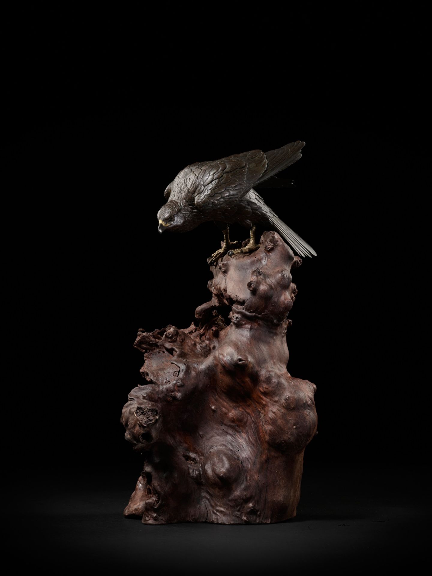 MASATSUNE: A SUPERB AND LARGE BRONZE OKIMONO OF A HAWK ON ROOTWOOD BASE - Image 2 of 13