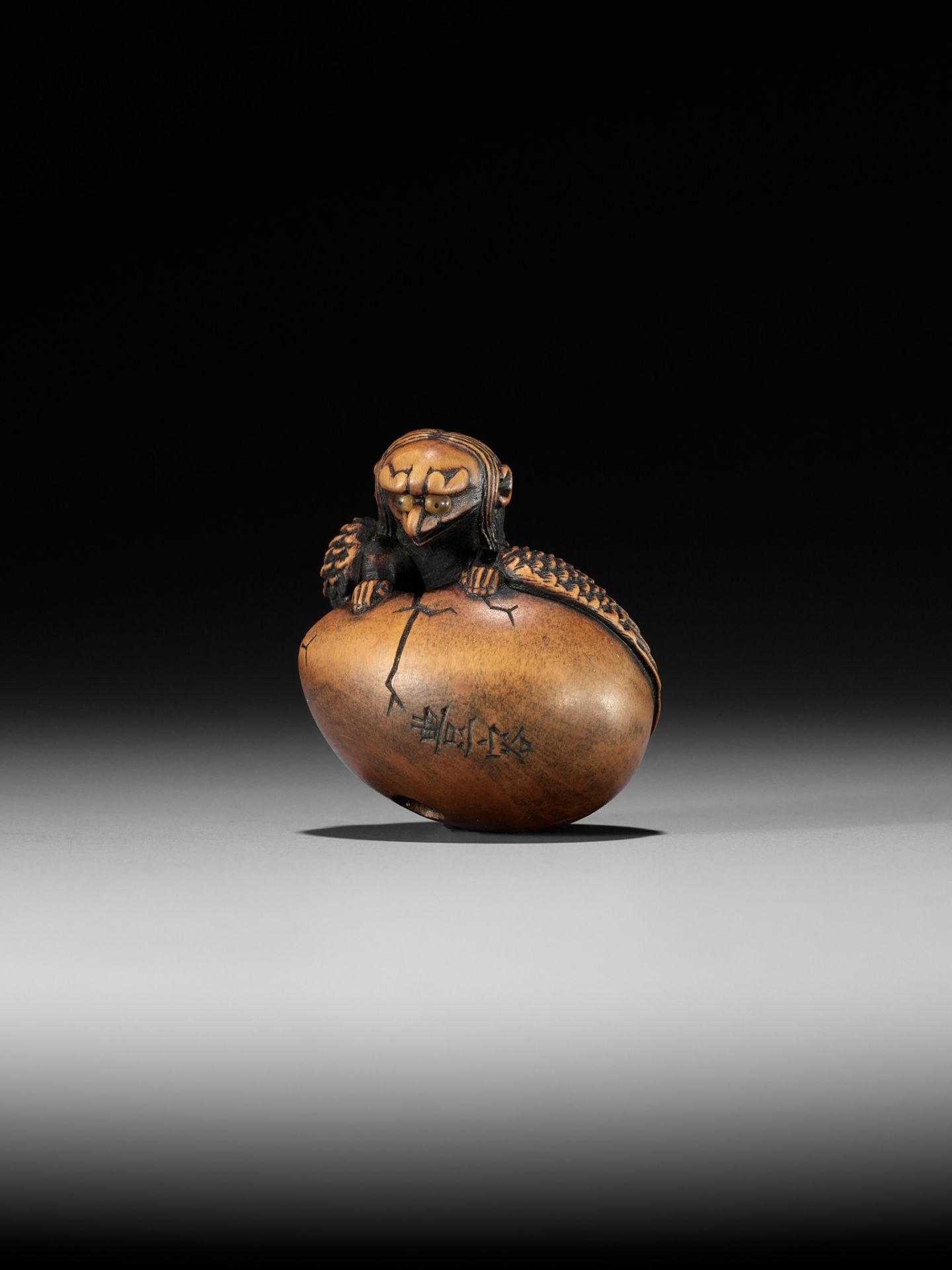 TOYOYO: A WOOD NETSUKE OF A HATCHING TENGU (TENGU NO TOMAGO) - Image 2 of 14