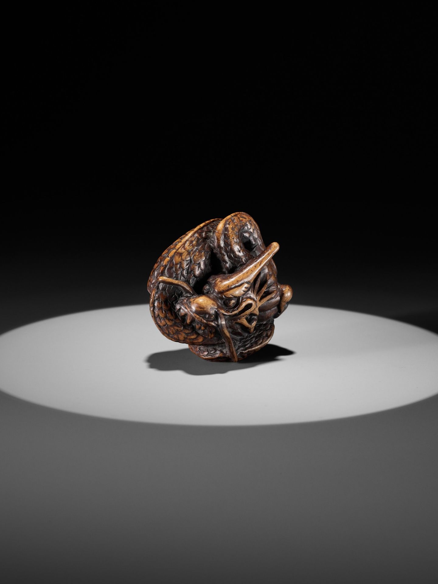 A WOOD NETSUKE OF A COILED DRAGON WITH TAMA - Image 4 of 9