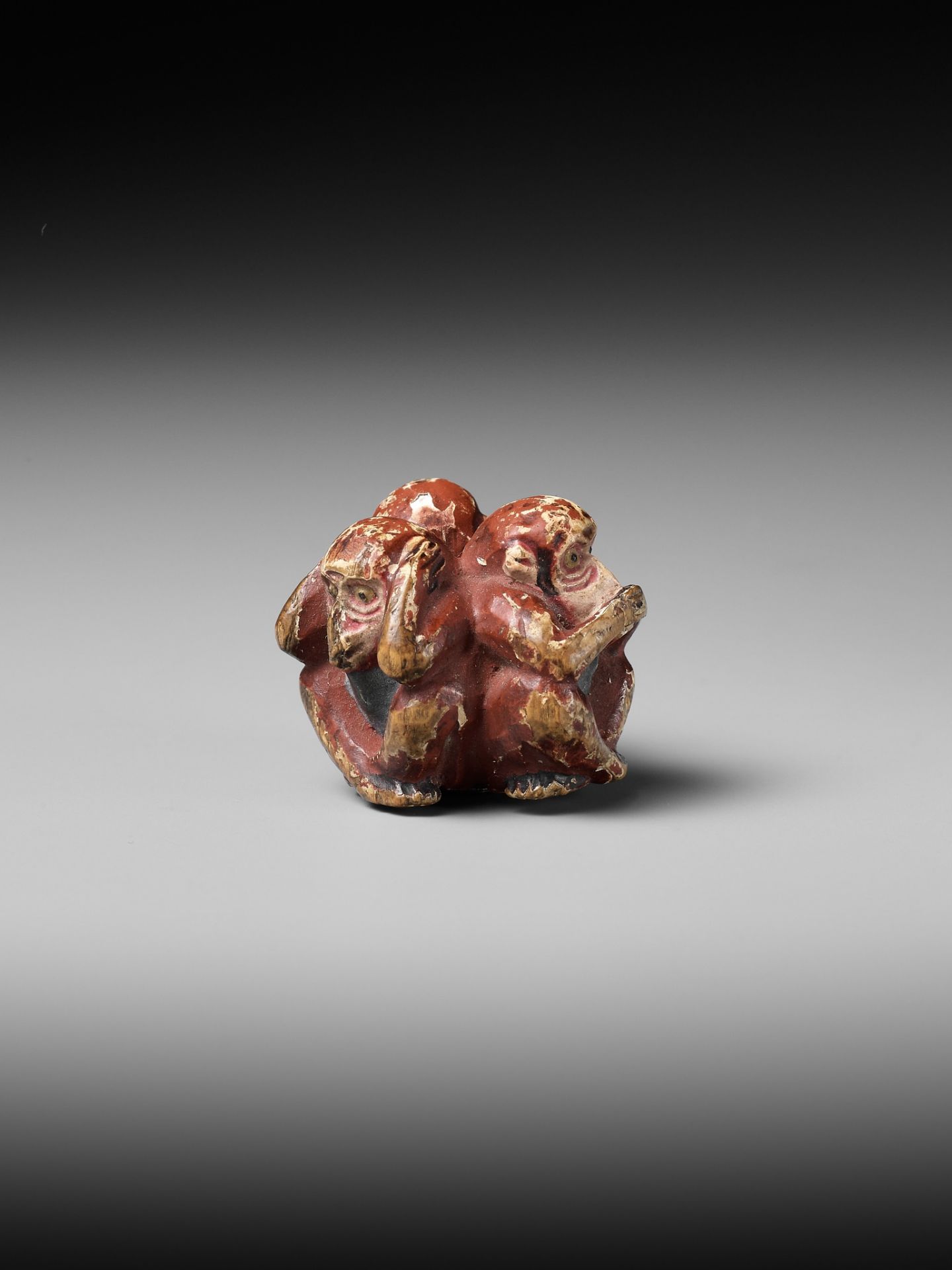 A SAISHIKI (PAINTED WOOD) NETSUKE OF THE SAMBIKI SARU (THREE WISE MONKEYS) - Image 10 of 12