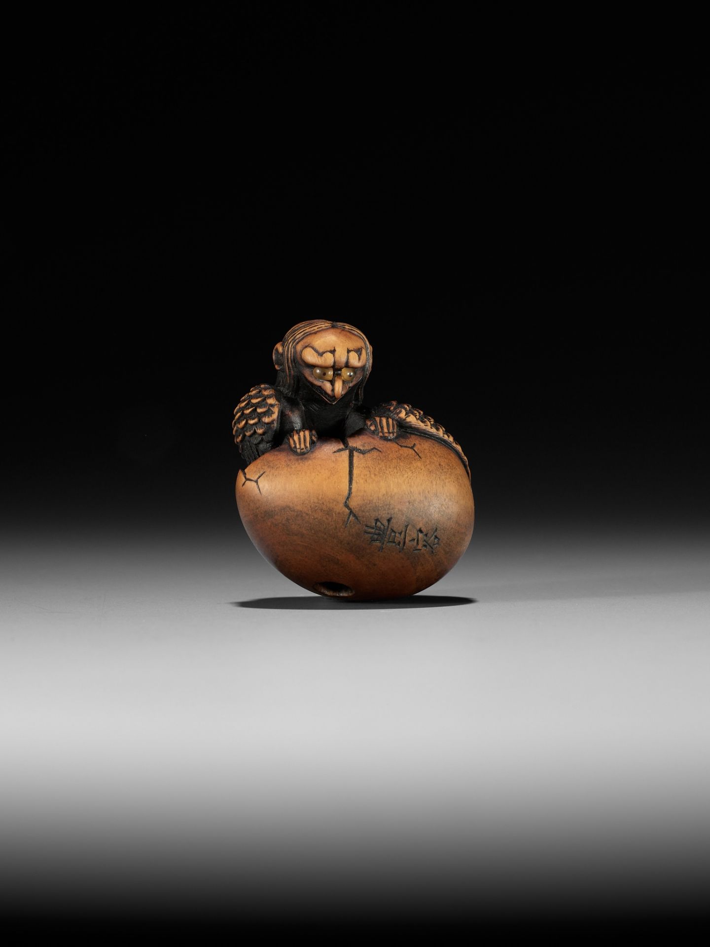 TOYOYO: A WOOD NETSUKE OF A HATCHING TENGU (TENGU NO TOMAGO) - Image 4 of 14