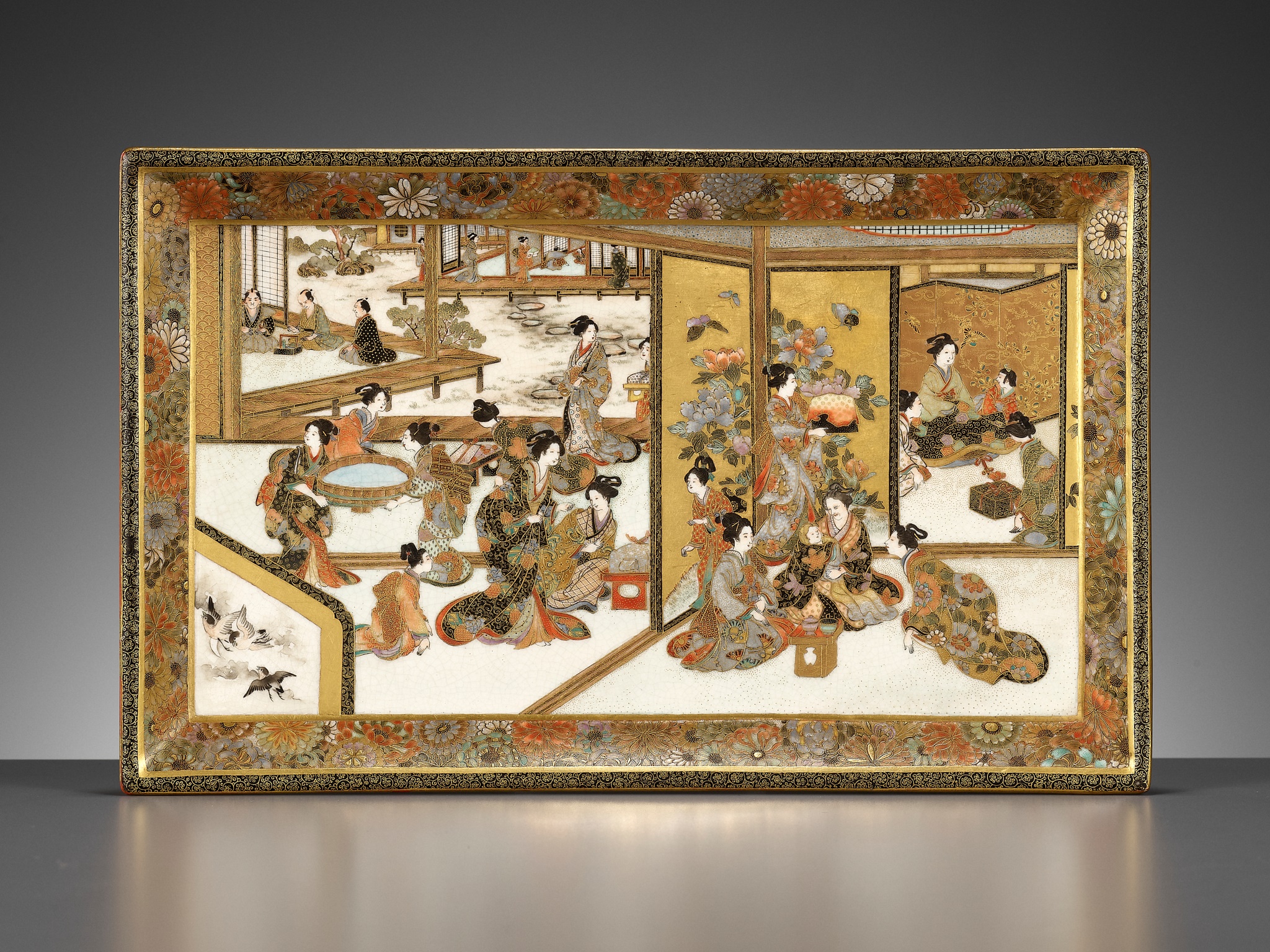 SHIZAN: A MAGNIFICENT SATSUMA CERAMIC TRAY WITH TEMPLE SCENE