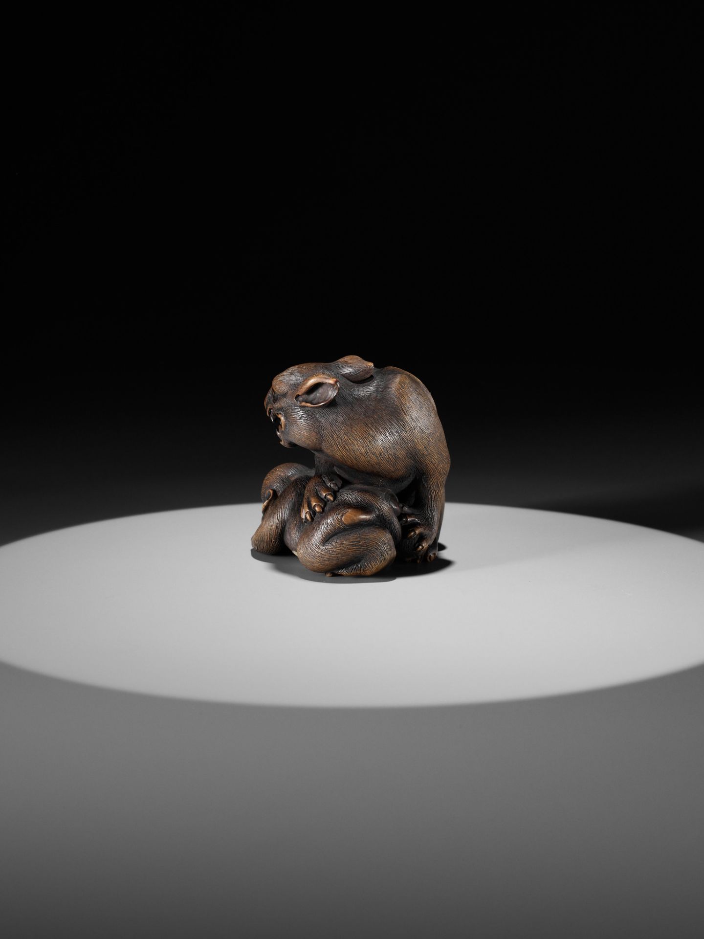 A LARGE AND FINE YAMADA SCHOOL WOOD OKIMONO NETSUKE OF A WOLF AND MONKEY - Image 3 of 14