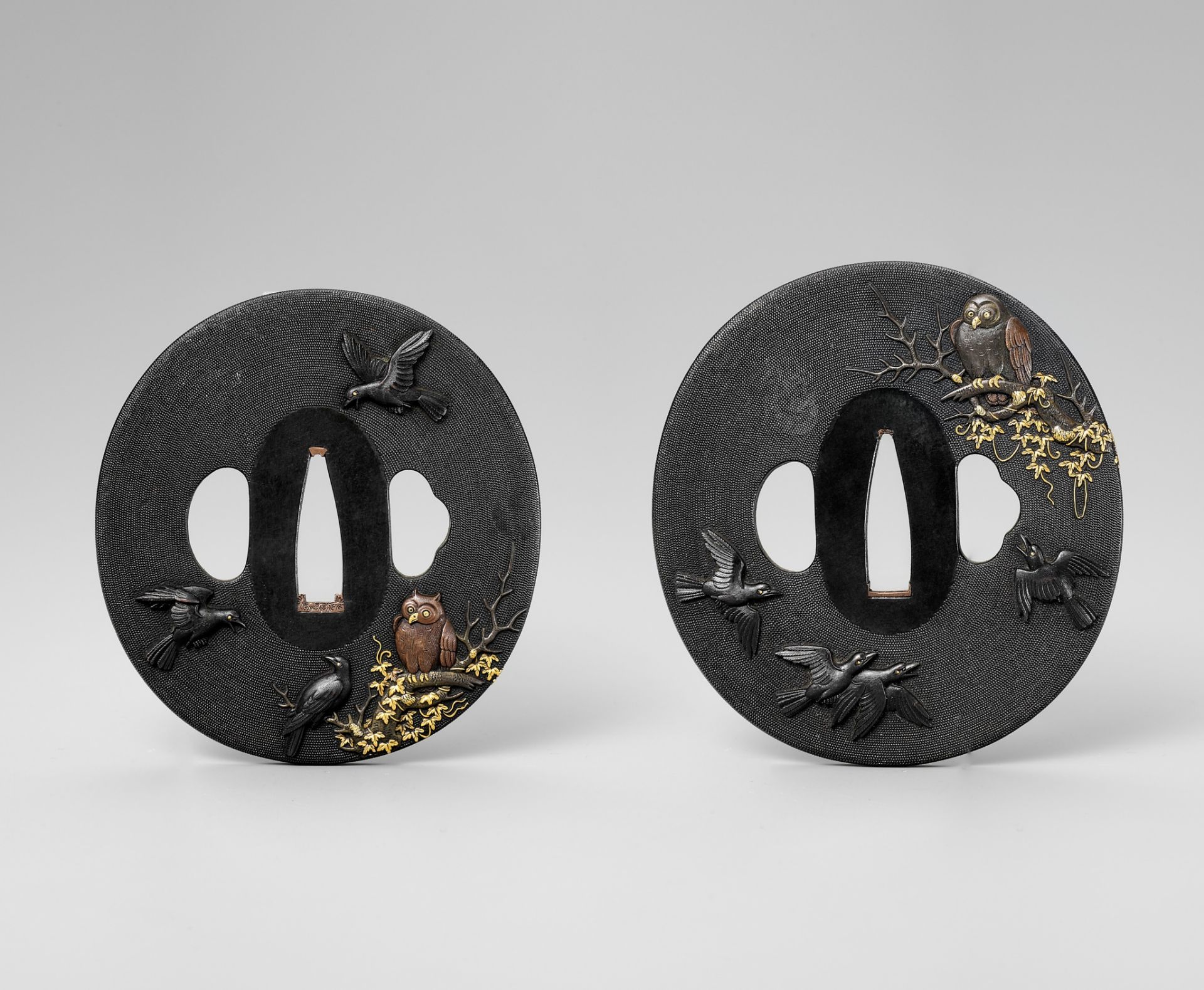 MASAYOSHI: A SUPERB ISHIGURO SCHOOL NANAKO SHAKUDO TSUBA DAISHO SET WITH CROWS AND OWLS