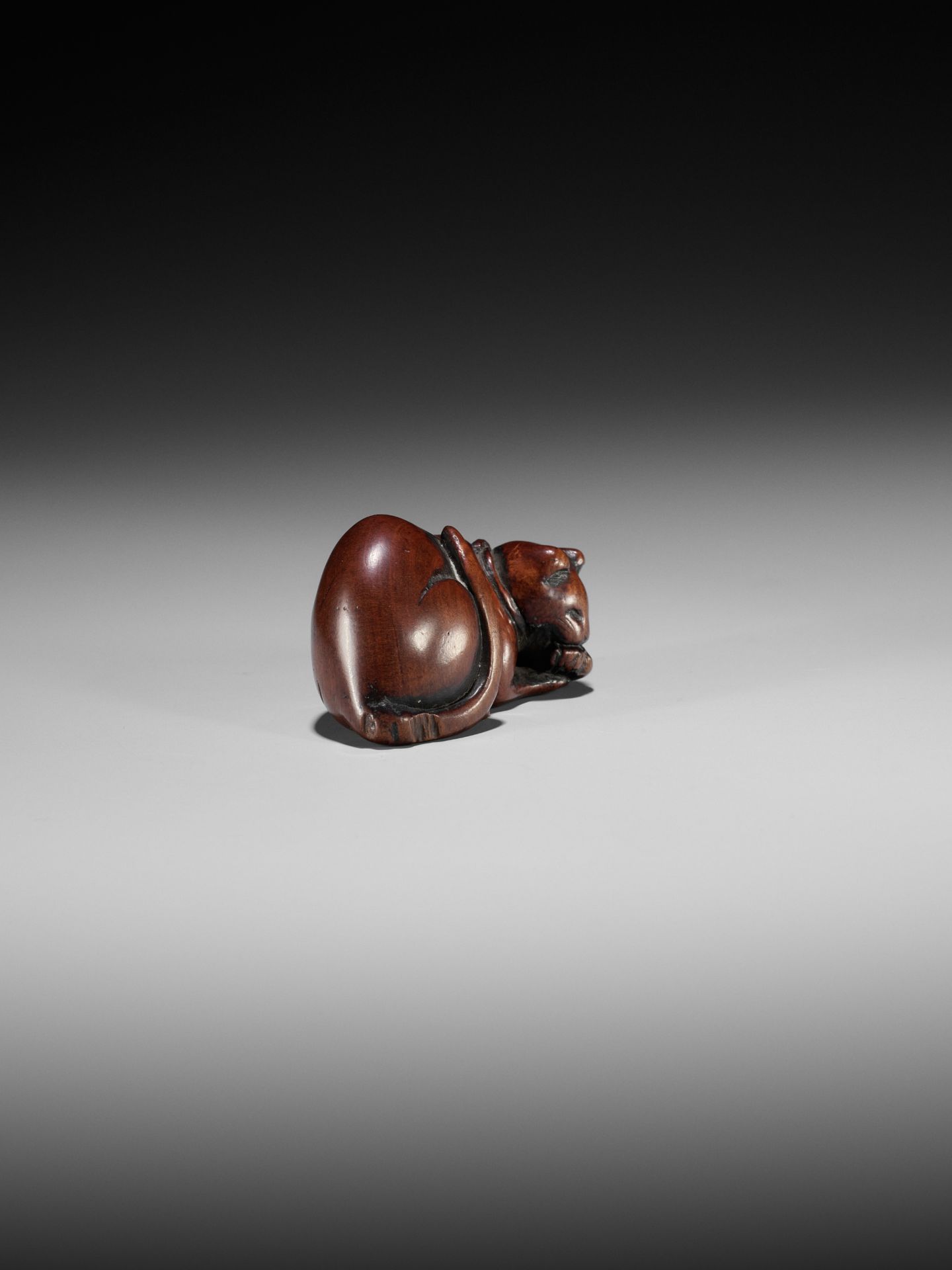 AN EARLY WOOD NETSUKE OF A CAT DEVOURING A FISH - Image 6 of 8