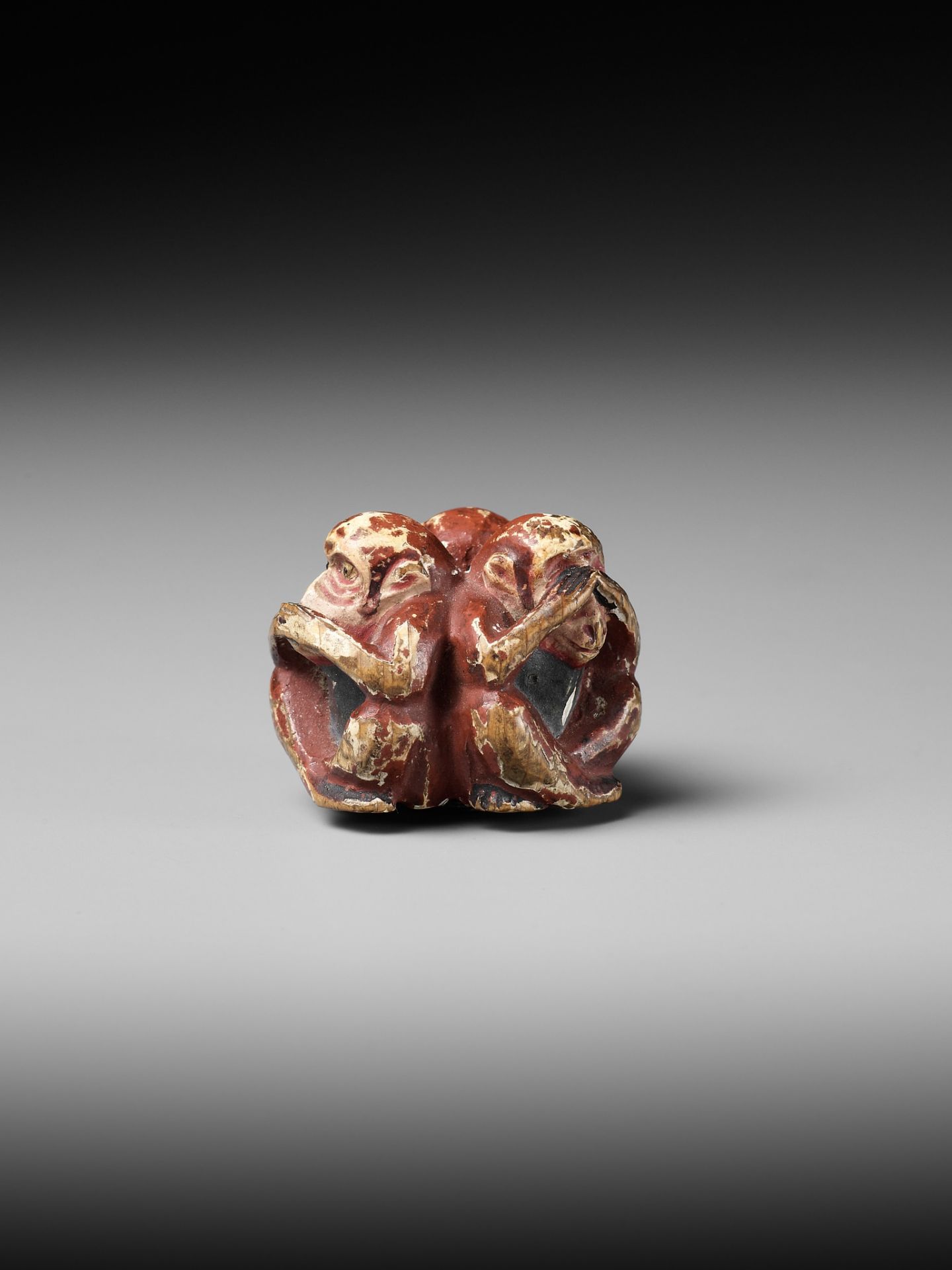 A SAISHIKI (PAINTED WOOD) NETSUKE OF THE SAMBIKI SARU (THREE WISE MONKEYS) - Image 7 of 12