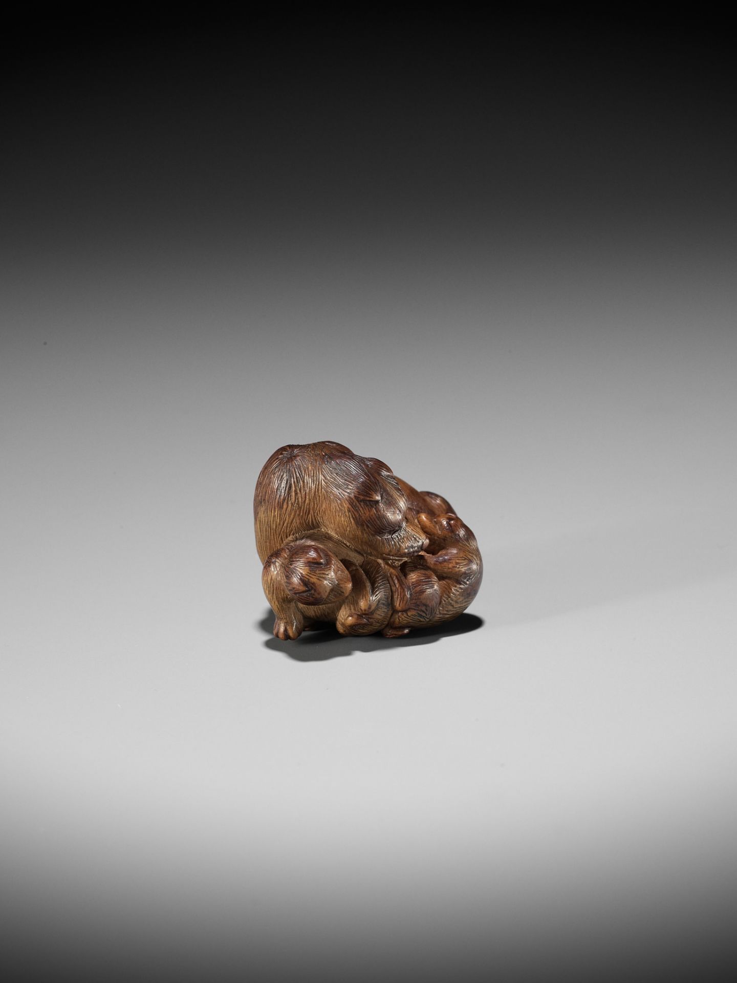 SHIGEHIRO: A CHARMING WOOD NETSUKE OF A DOG AND TWO PUPS - Bild 7 aus 13