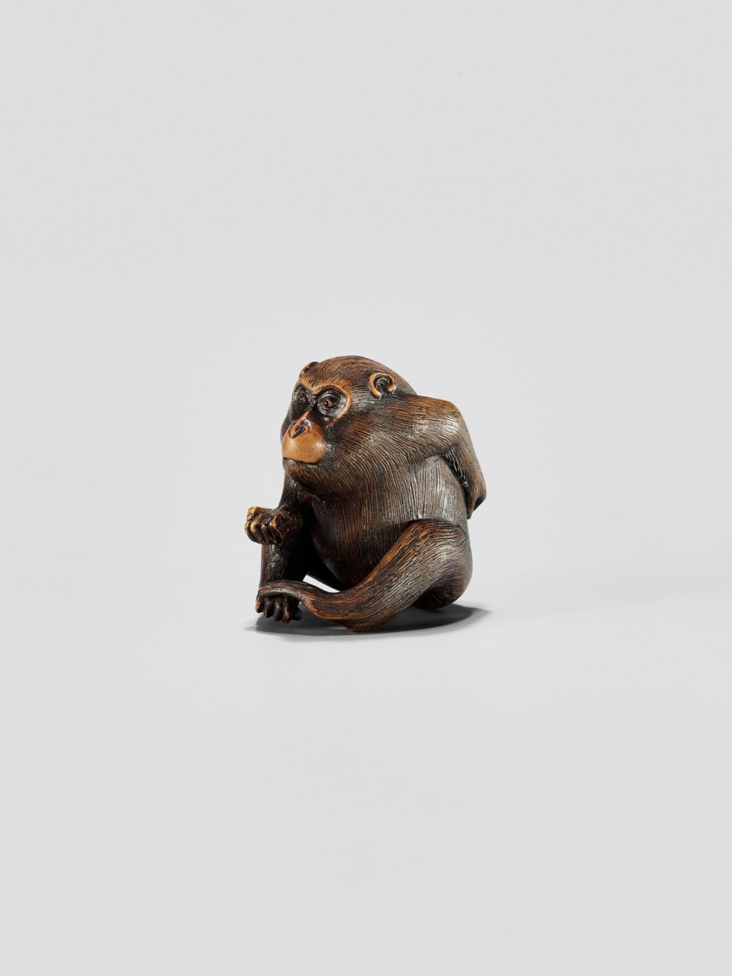 KAZUMASA: A WOOD NETSUKE OF A MONKEY PICKING FLEAS - Image 2 of 11