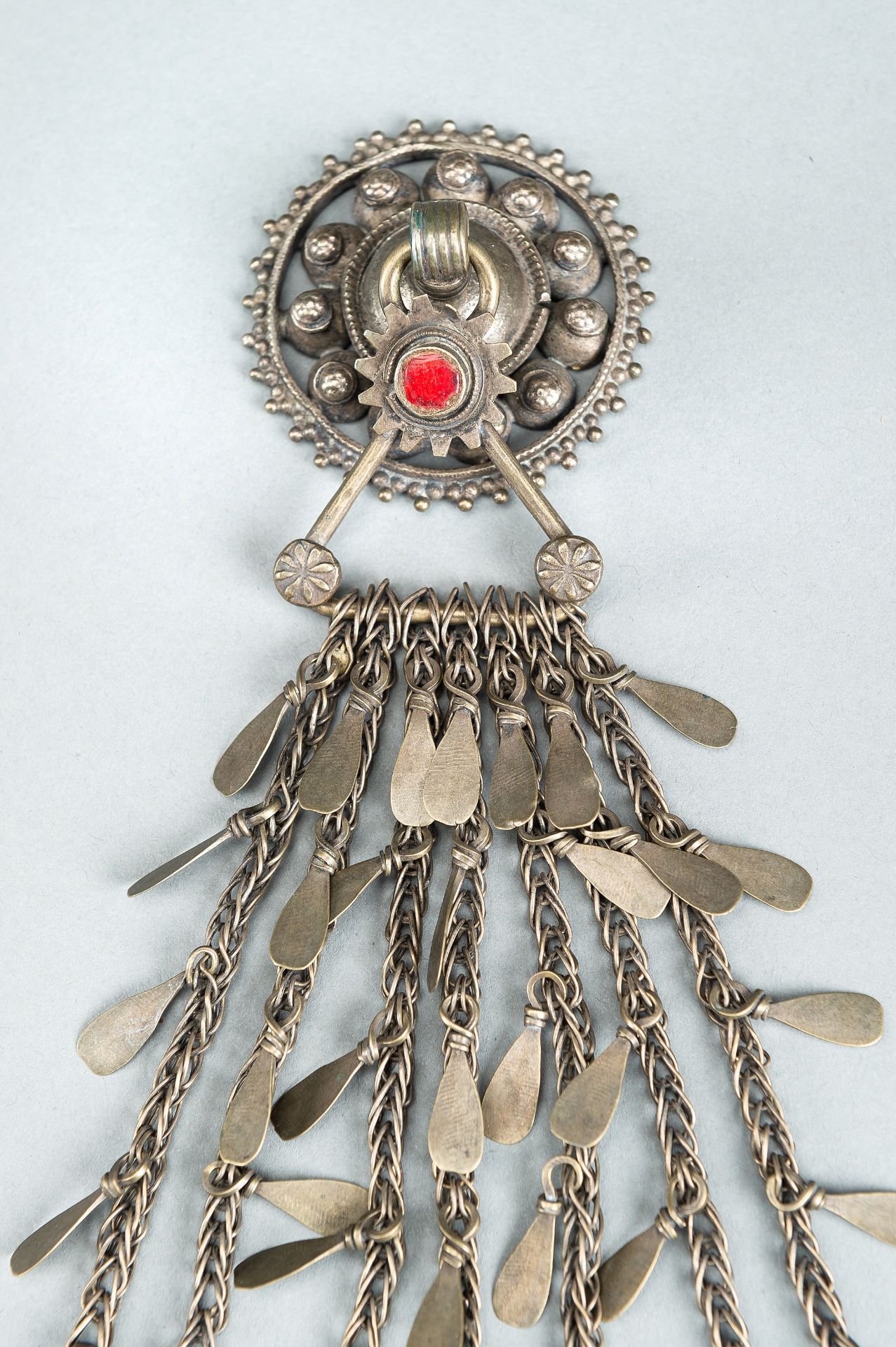 THREE TRIBAL AFGHAN METAL ORNAMENTS WITH INSETS, c. 1950s - Image 3 of 16