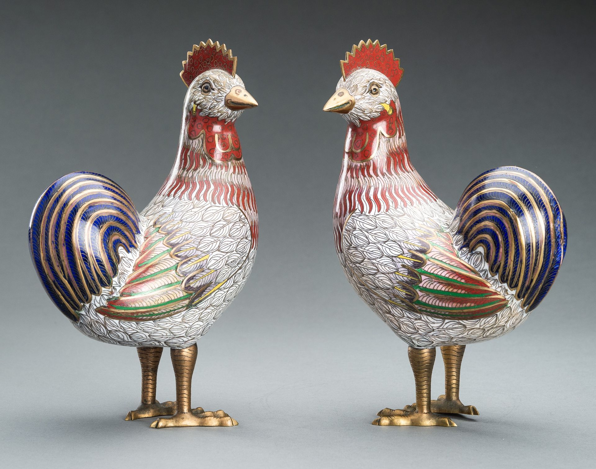 A PAIR OF CLOISONNE ENAMEL FIGURES OF COCKERELS, c. 1920s