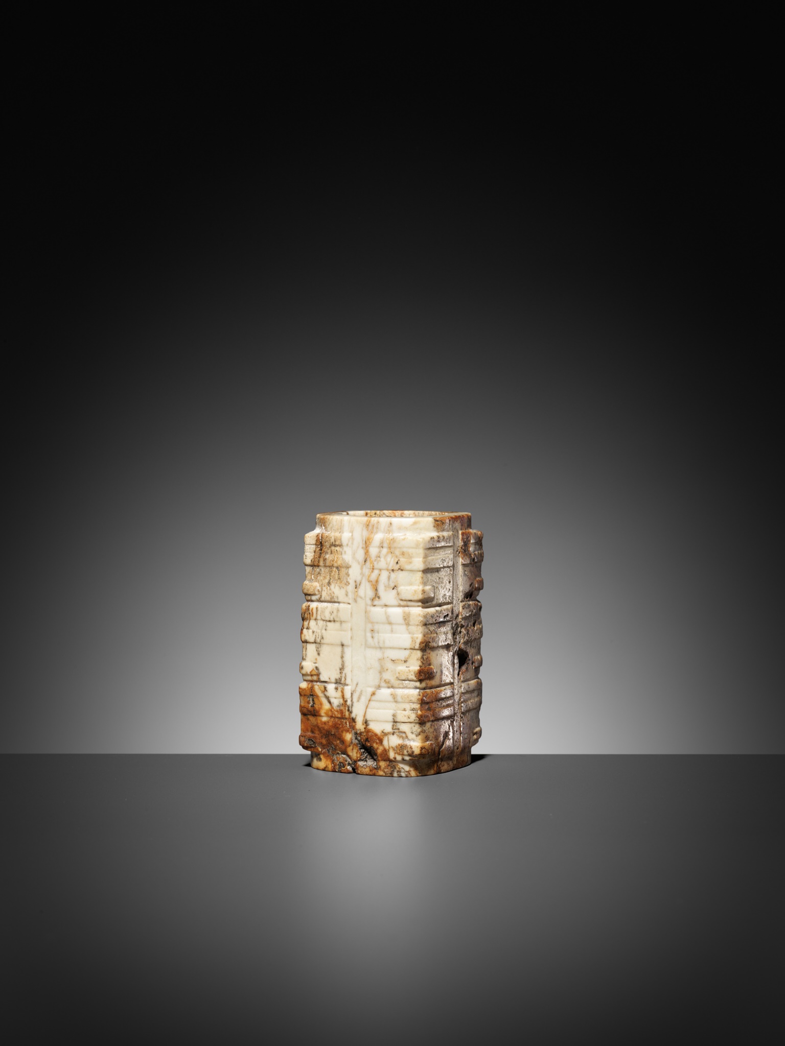 A THREE-TIERED WHITE AND RUSSET JADE CONG, LATE LIANGZHU CULTURE - Image 9 of 17