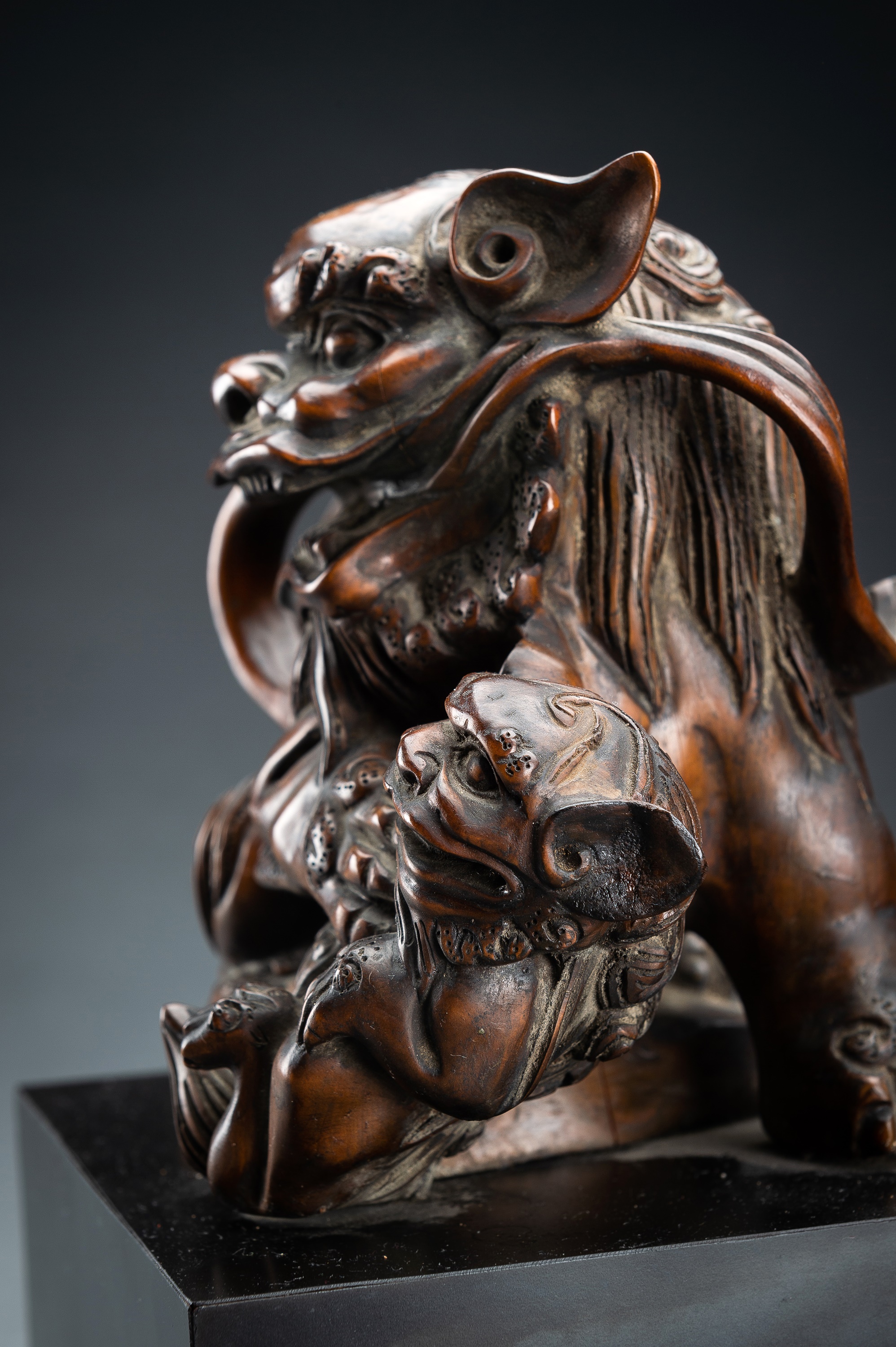 A PAIR OF FINE BOXWOOD 'BUDDHIST LION' CARVINGS, QING - Image 8 of 16