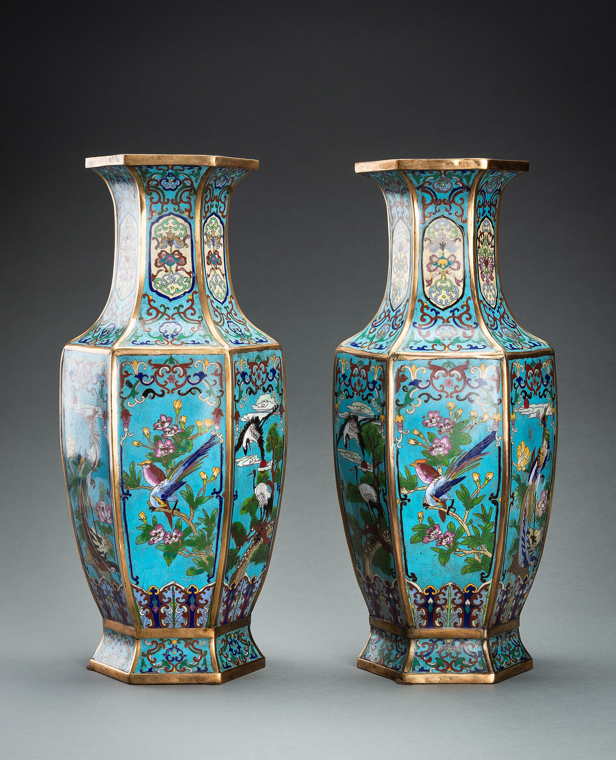 A LARGE PAIR OF HEXAGONAL CLOISONNE ENAMEL VASES