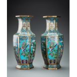 A LARGE PAIR OF HEXAGONAL CLOISONNE ENAMEL VASES