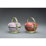 A PAIR OF ENAMELED COPPER BASKETS WITH COVERS, c. 1900s