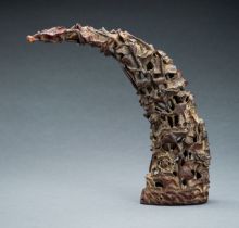 A LARGE CARVED BUFFALO HORN WITH CRANES AND LOTUS, QING