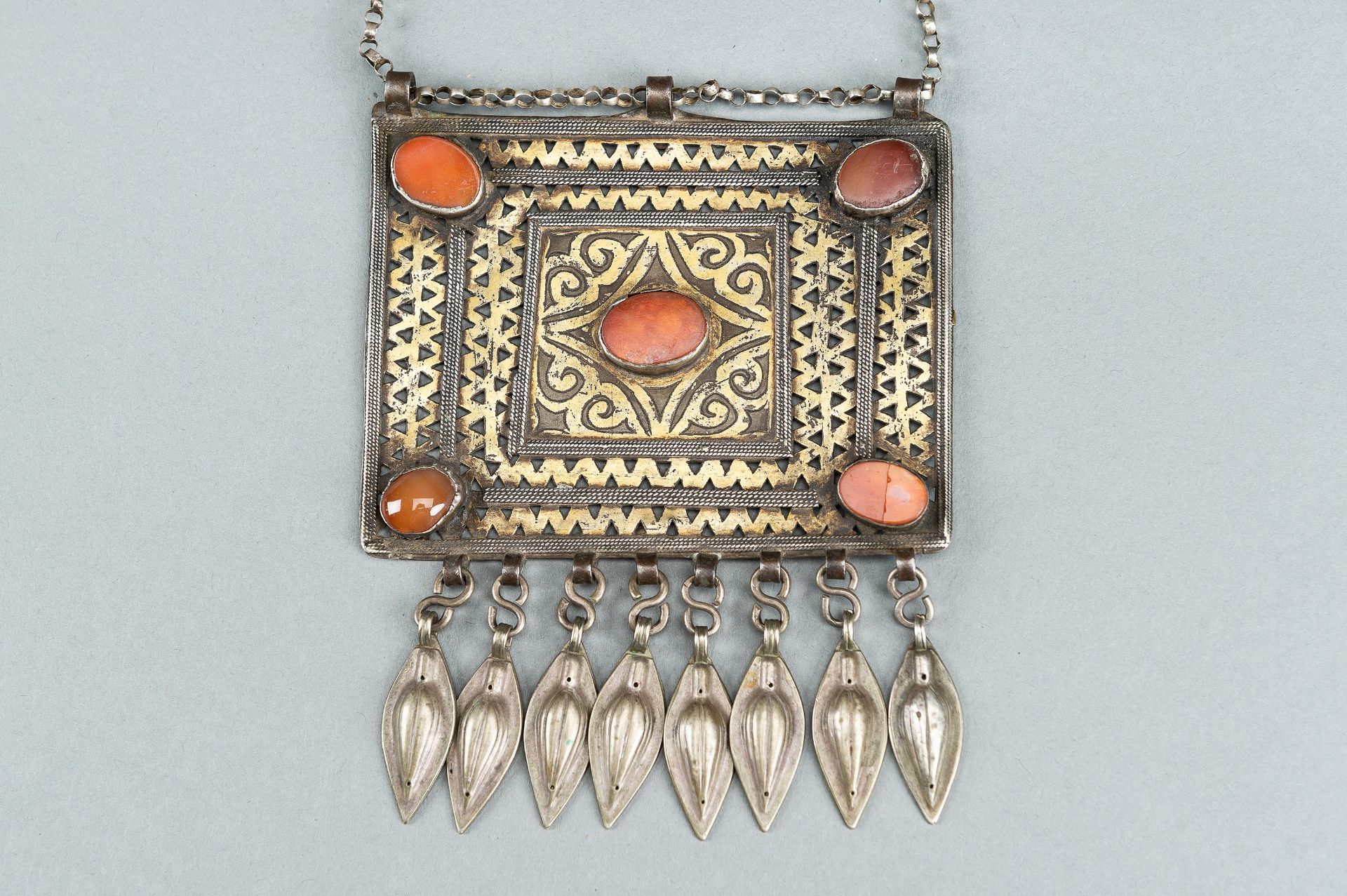 A TURKOMAN METAL AND CARNELIAN CHEST ORNAMENT, c. 1900s - Image 3 of 10