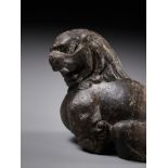 A BROWN LIMESTONE FIGURE OF A SEATED LION, TANG DYNASTY