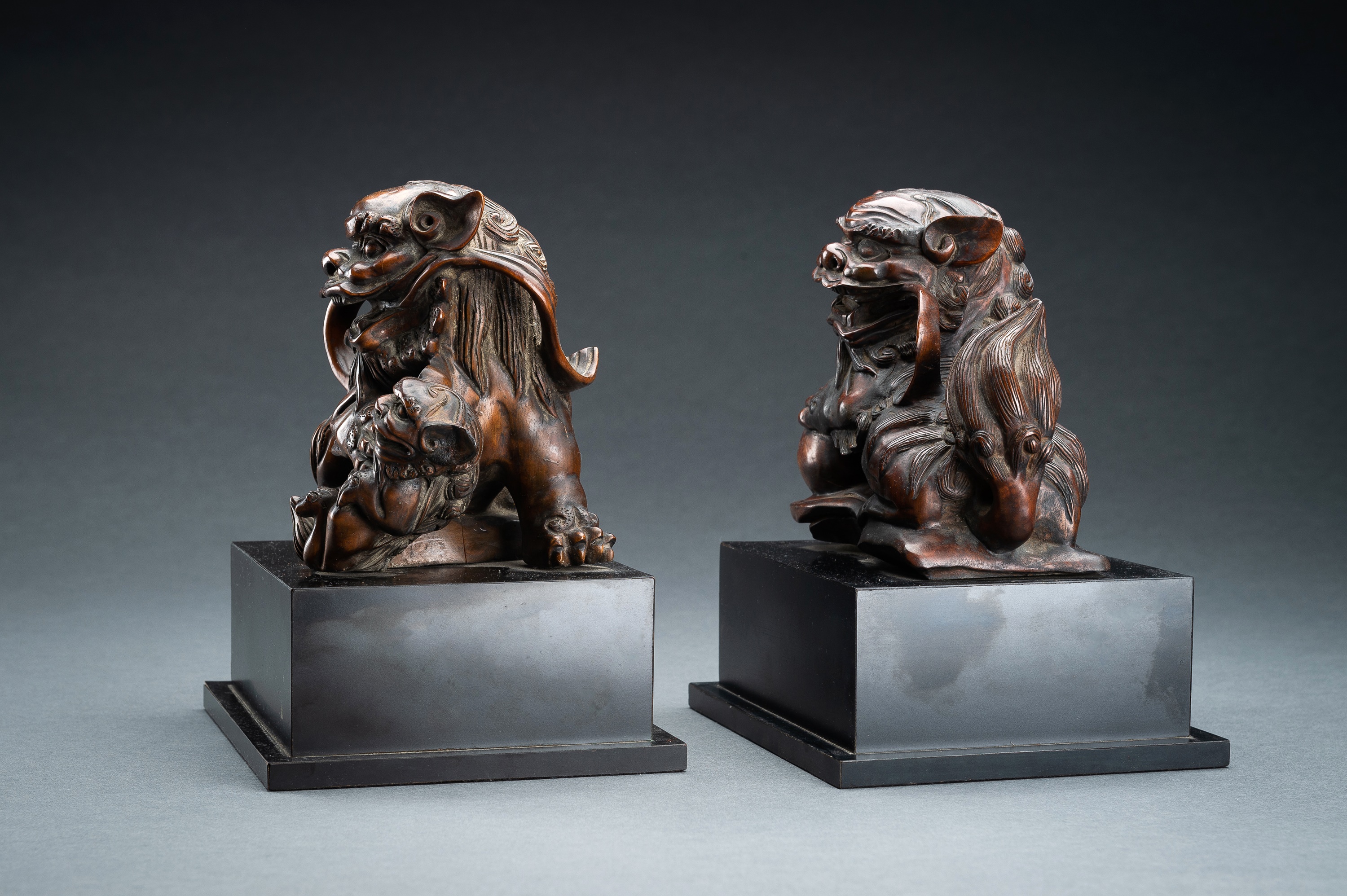 A PAIR OF FINE BOXWOOD 'BUDDHIST LION' CARVINGS, QING - Image 12 of 16