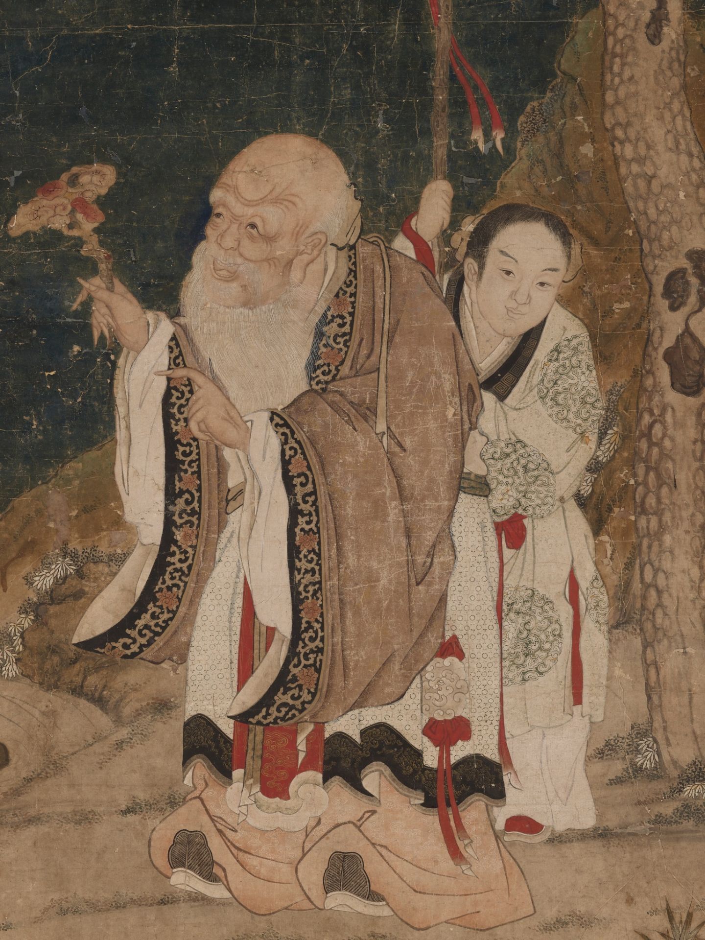 A LARGE PAINTING DEPICTING SHOULAO AND AN ATTENDANT, BY GU JIANLONG (1606-1687), DATED 1679