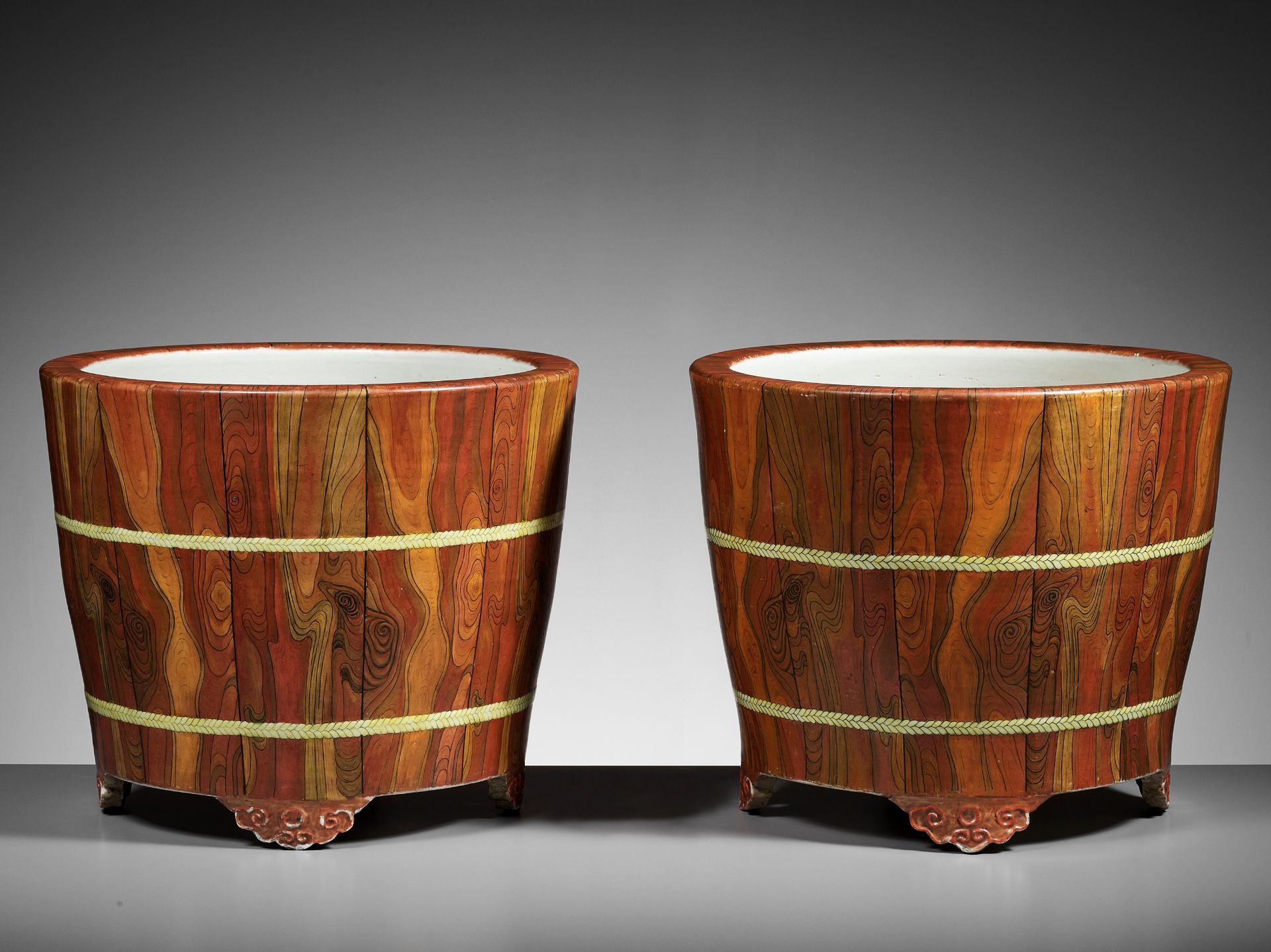 A PAIR LARGE 'FAUX-BOIS' JARDINIERES, QIANLONG MARKS AND PROBABLY OF THE PERIOD (circa 1736-1795)