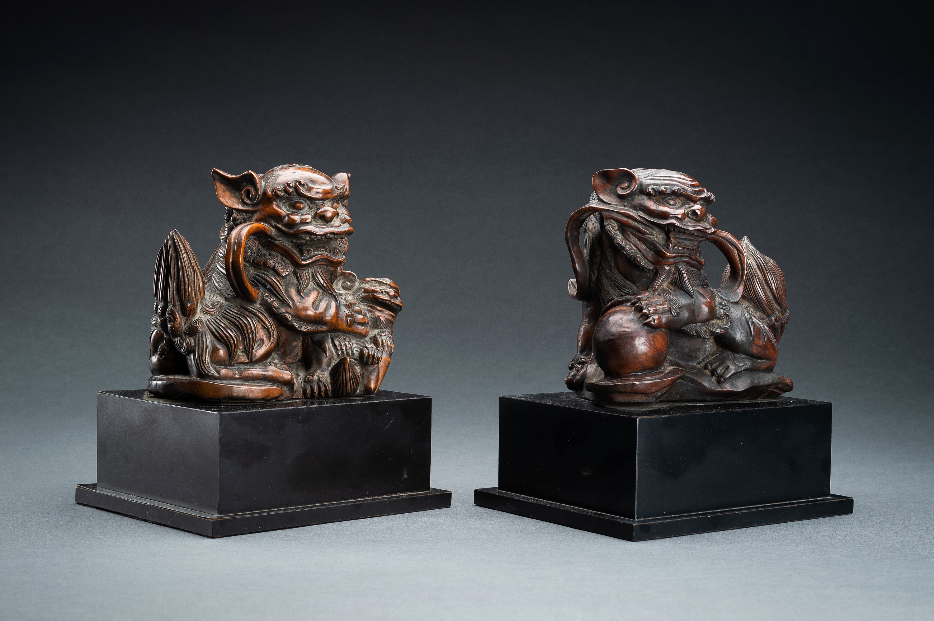A PAIR OF FINE BOXWOOD 'BUDDHIST LION' CARVINGS, QING - Image 10 of 16