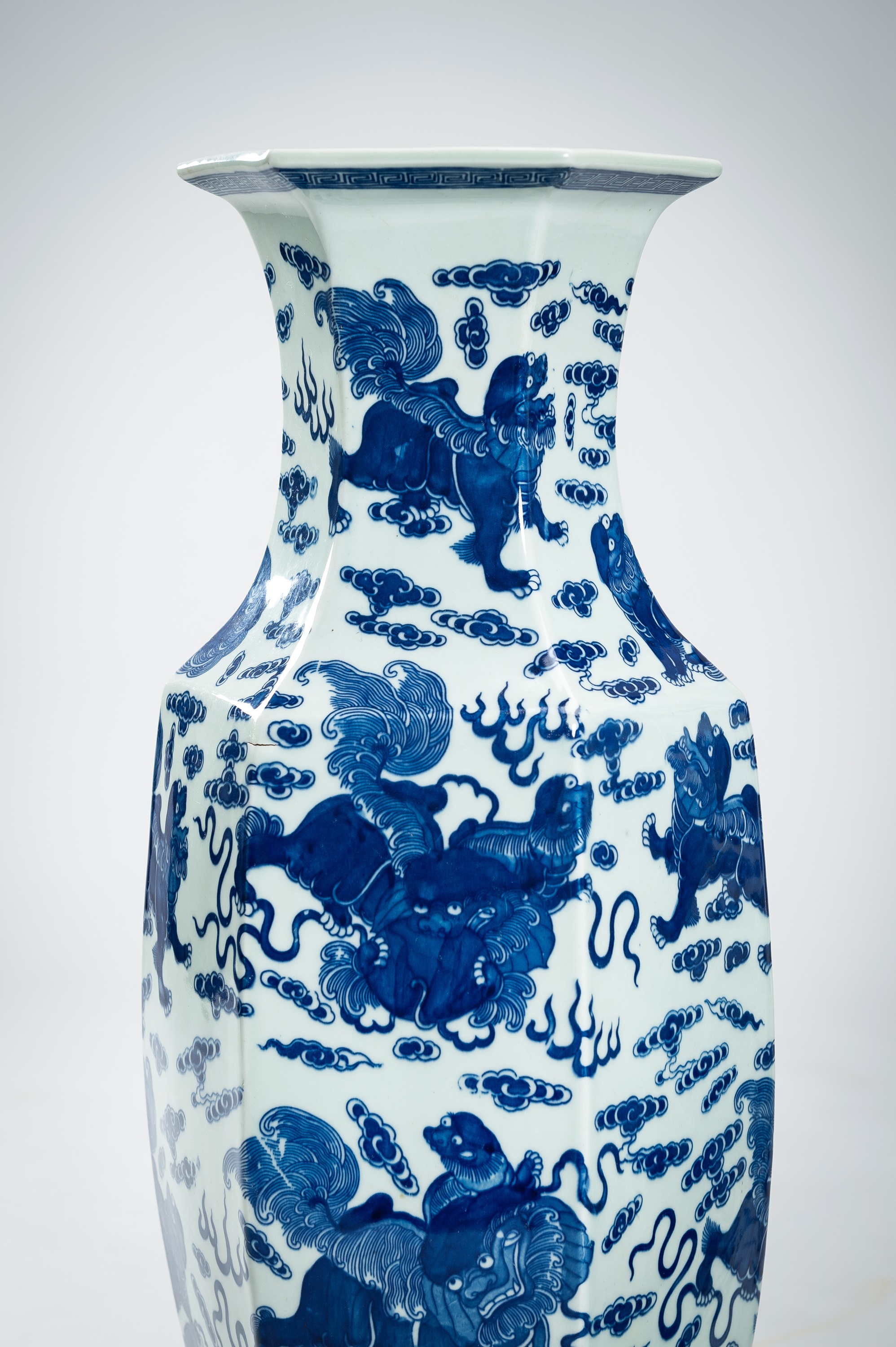 A LARGE PAIR OF BLUE AND WHITE PORCELAIN VASES WITH BUDDHIST LIONS, QING - Image 3 of 19