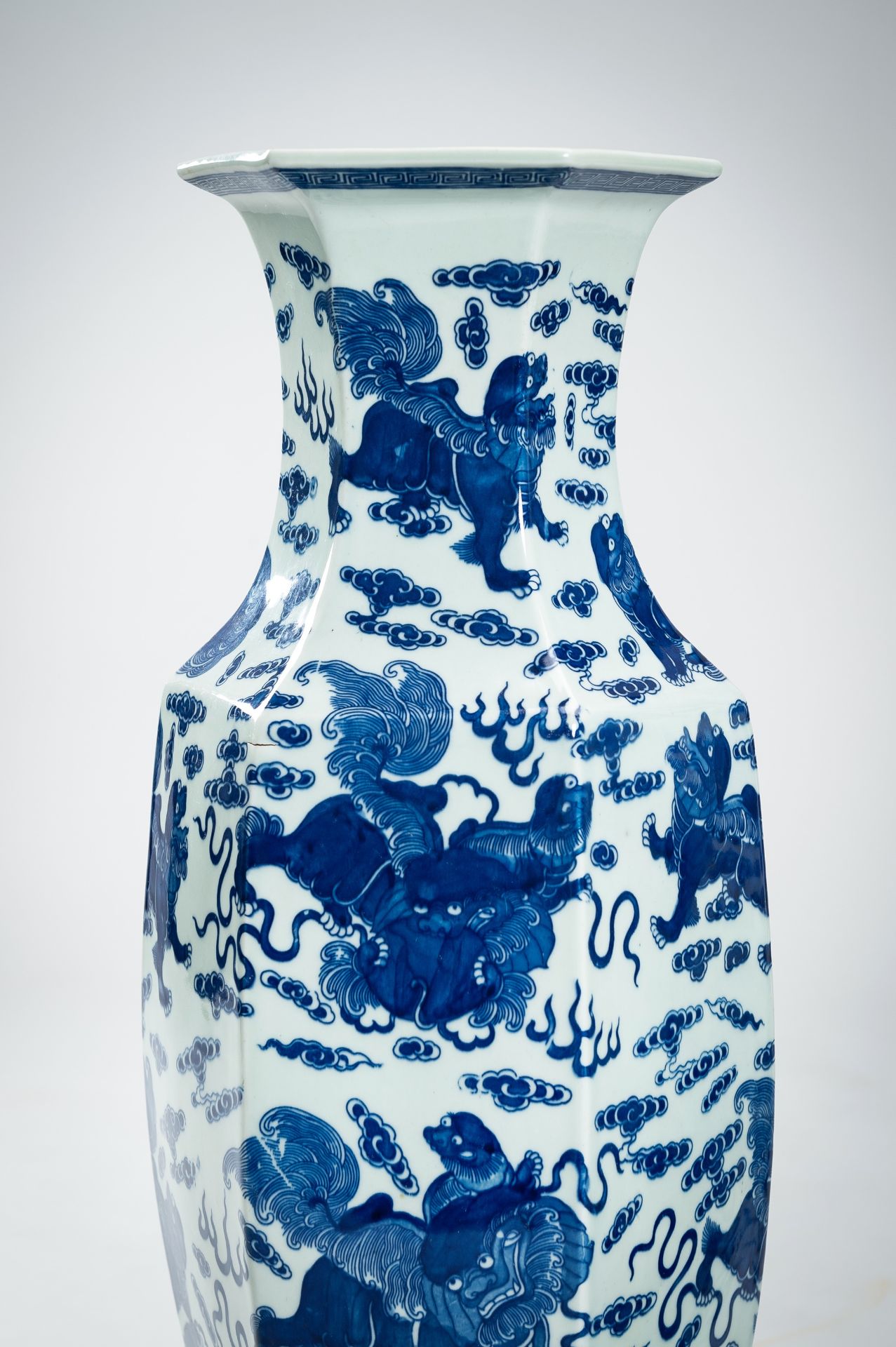 A LARGE PAIR OF BLUE AND WHITE PORCELAIN VASES WITH BUDDHIST LIONS, QING - Bild 3 aus 19