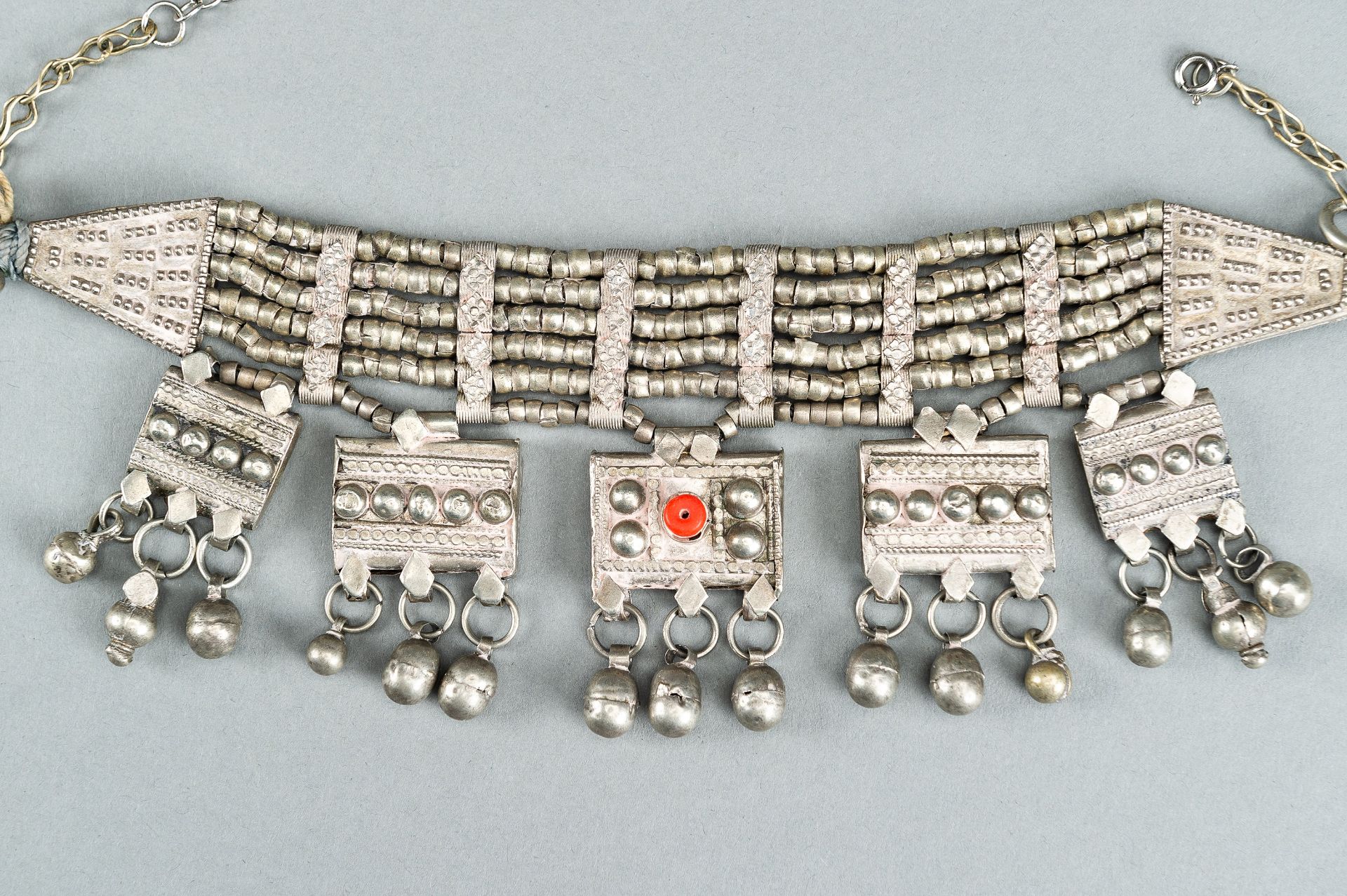 A GROUP OF THREE WHITE METAL LAZEM AMULET NECKLACES, c 1930s - Bild 14 aus 16