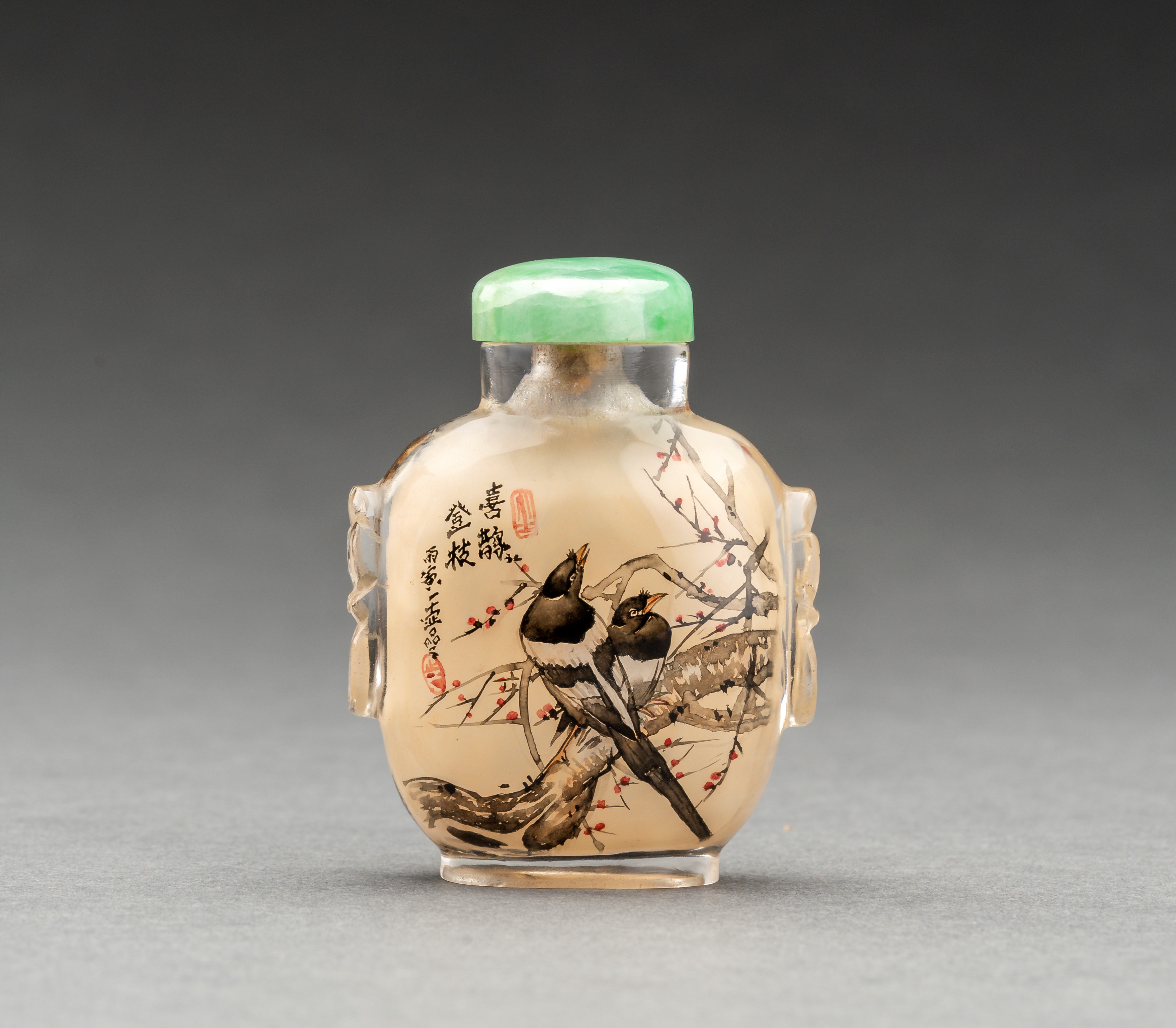 AN INSIDE-PAINTED GLASS 'DOVE AND MAGPIES' SNUFF BOTTLE