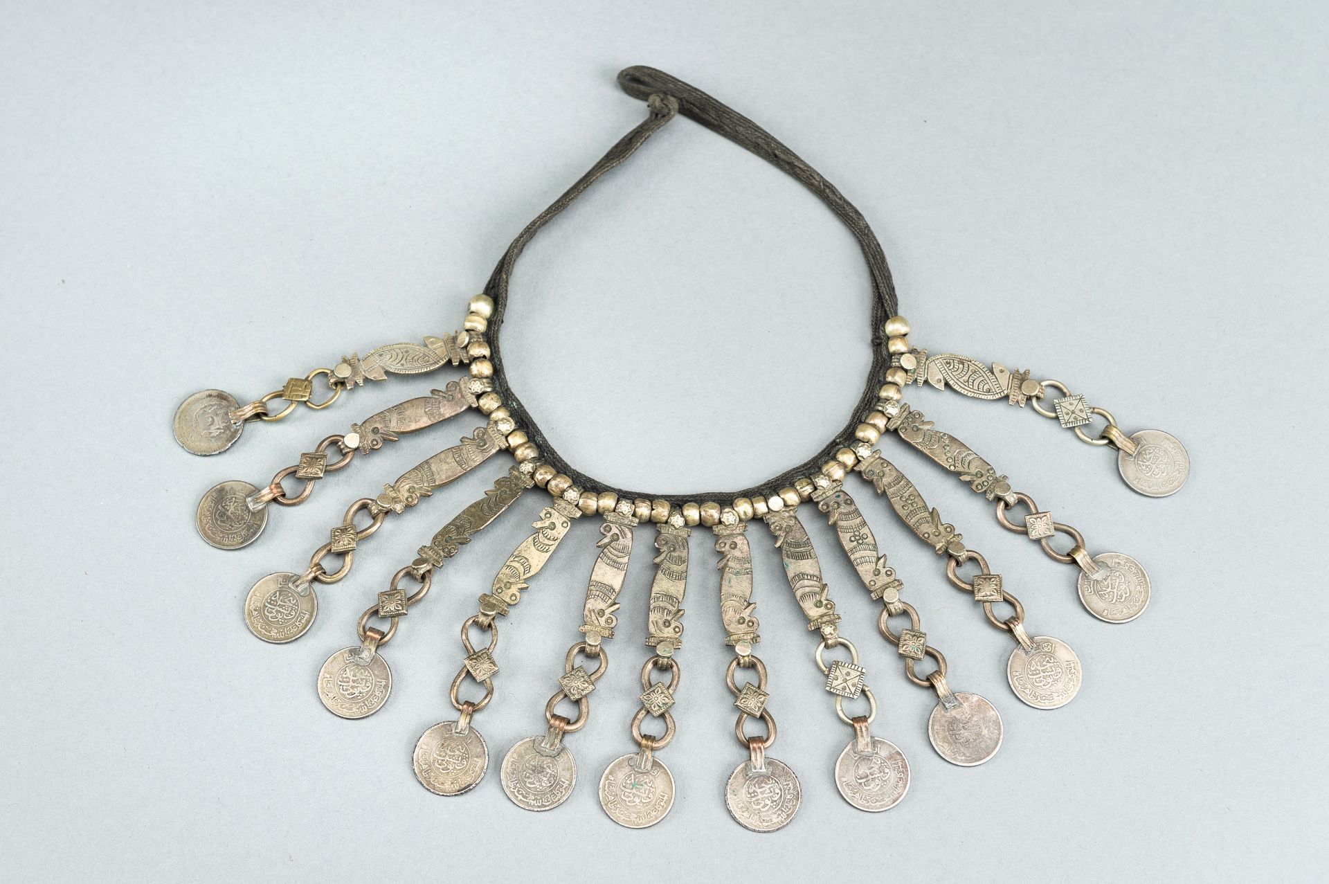 TWO TRIBAL SILVER AND METAL NECKLACES, ONE WITH AFGHAN COINS, c.1950s - Bild 9 aus 12