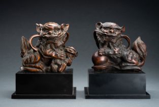 A PAIR OF FINE BOXWOOD 'BUDDHIST LION' CARVINGS, QING
