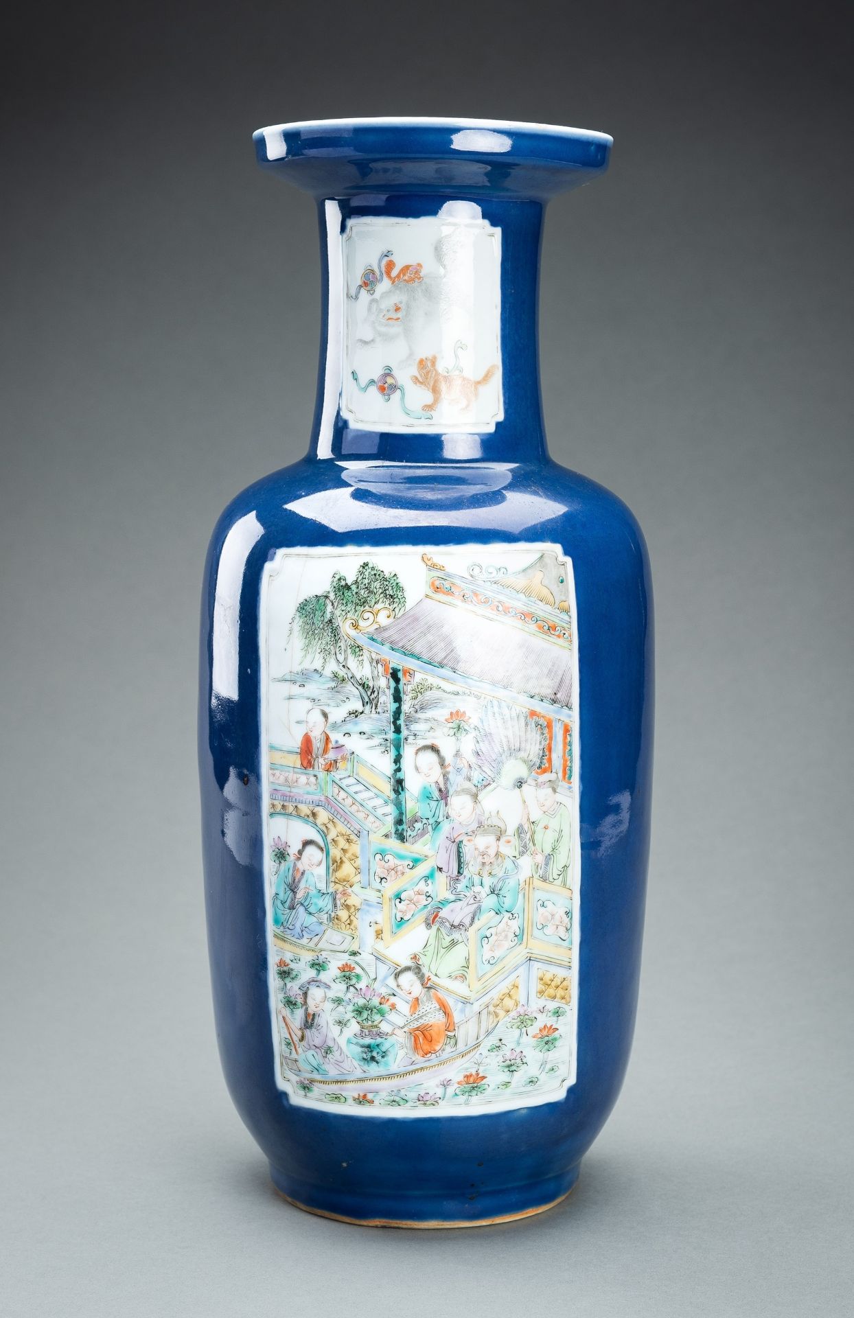 A LARGE AND FINE POWDER BLUE GROUND ENAMELED VASE, QING