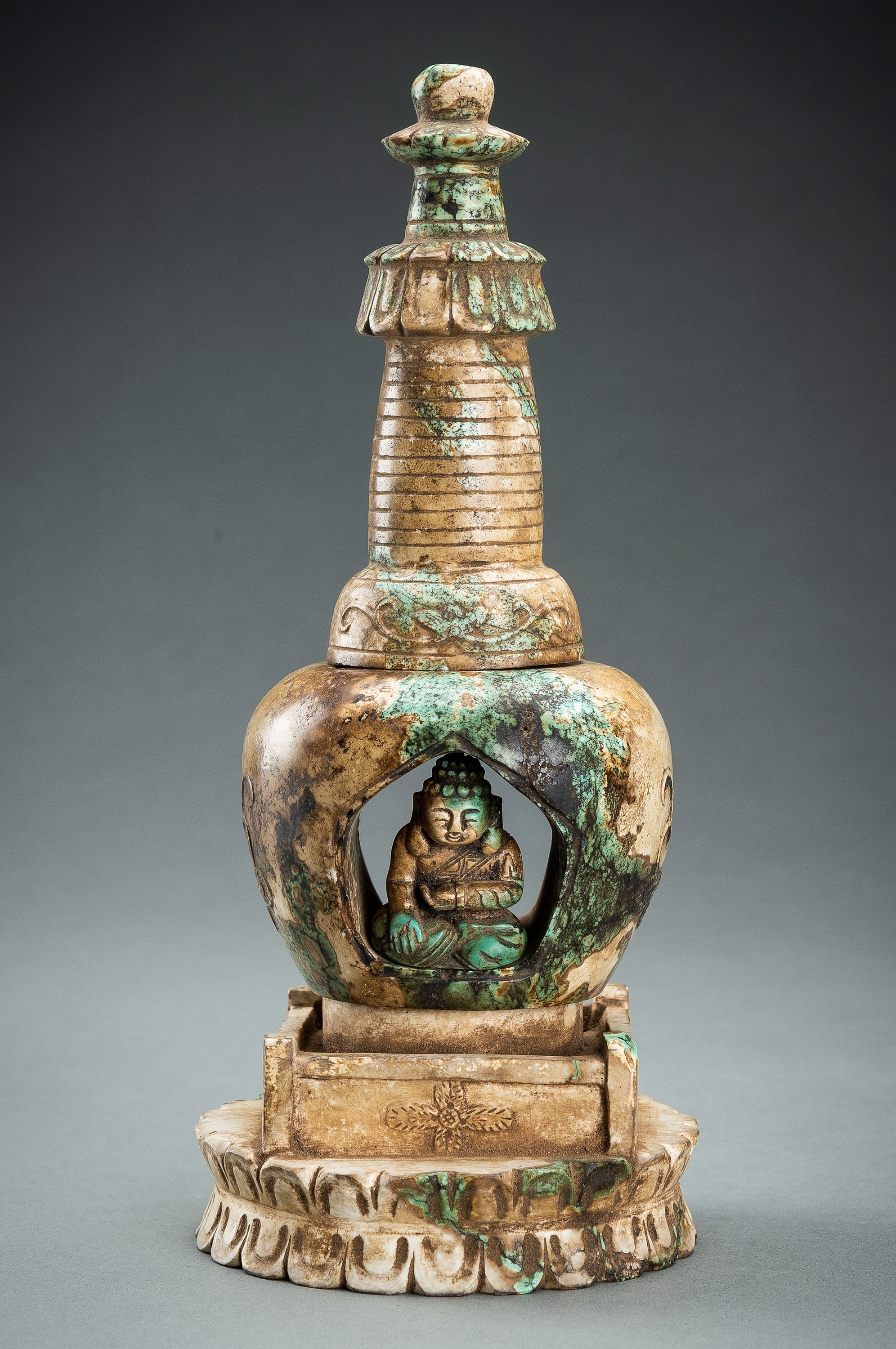 A FOUR-PART TURQUOISE MATRIX STUPA WITH BUDDHA