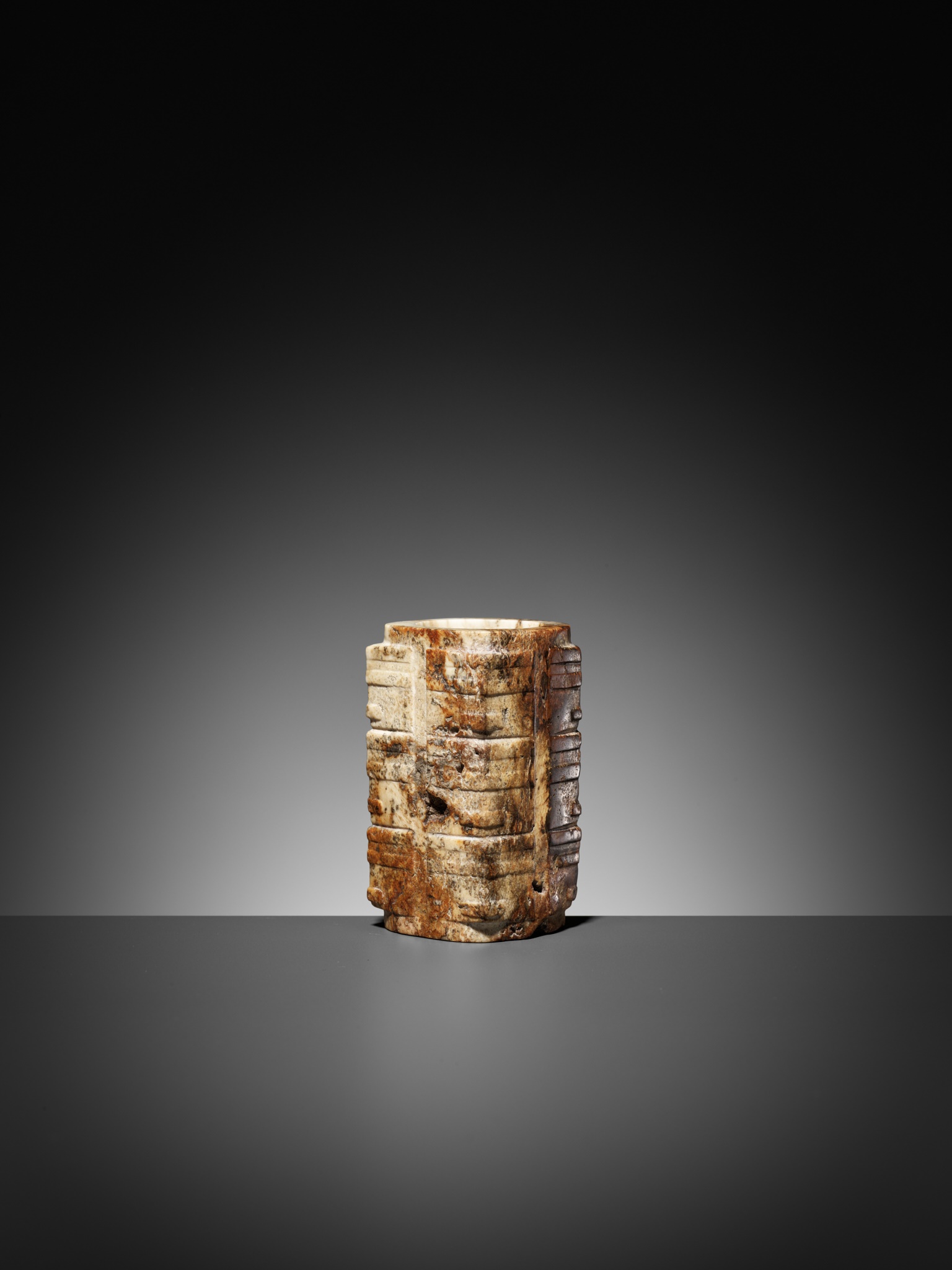 A THREE-TIERED WHITE AND RUSSET JADE CONG, LATE LIANGZHU CULTURE - Image 3 of 17