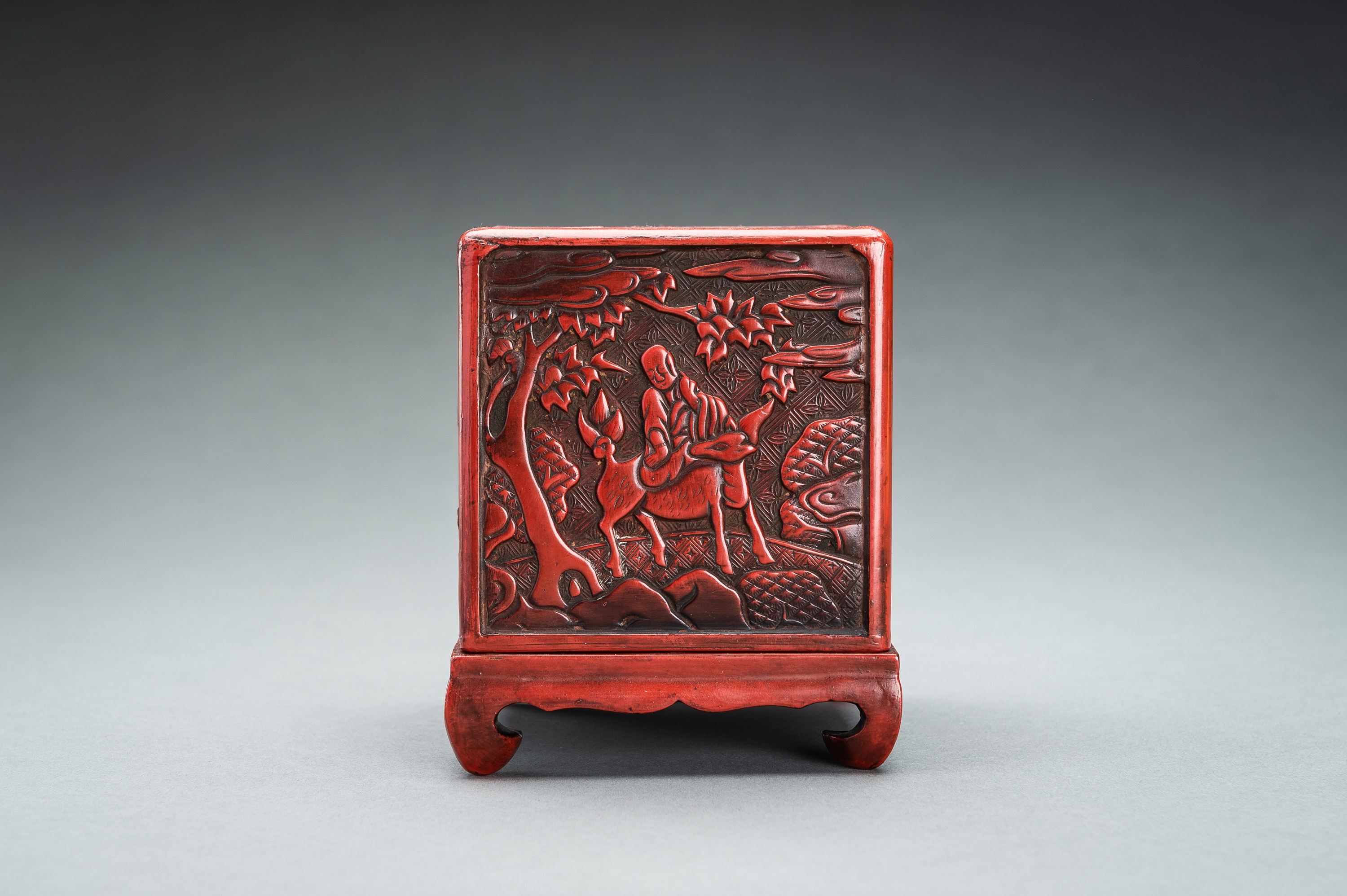 A CINNABAR LACQUER 'IMMORTALS AND BUDAI' BOX AND COVER, QING - Image 3 of 14