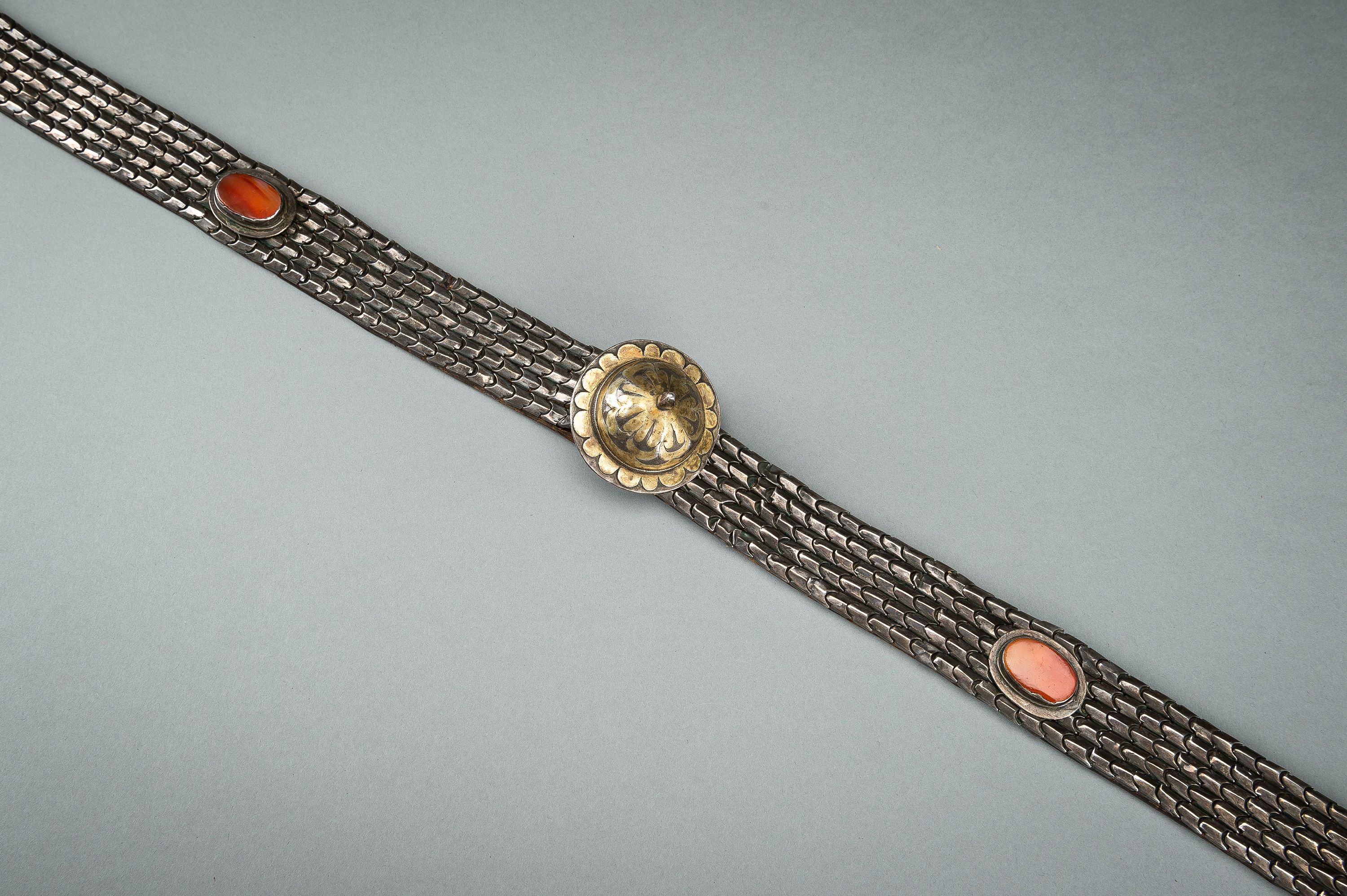 AN OTTOMAN LEATHER BELT SET WITH CARNELIANS AND SILVER