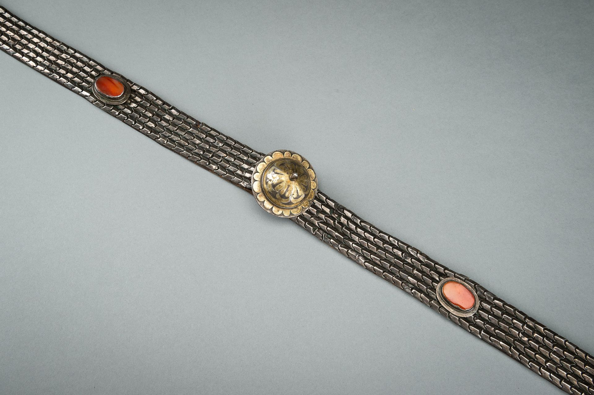 AN OTTOMAN LEATHER BELT SET WITH CARNELIANS AND SILVER