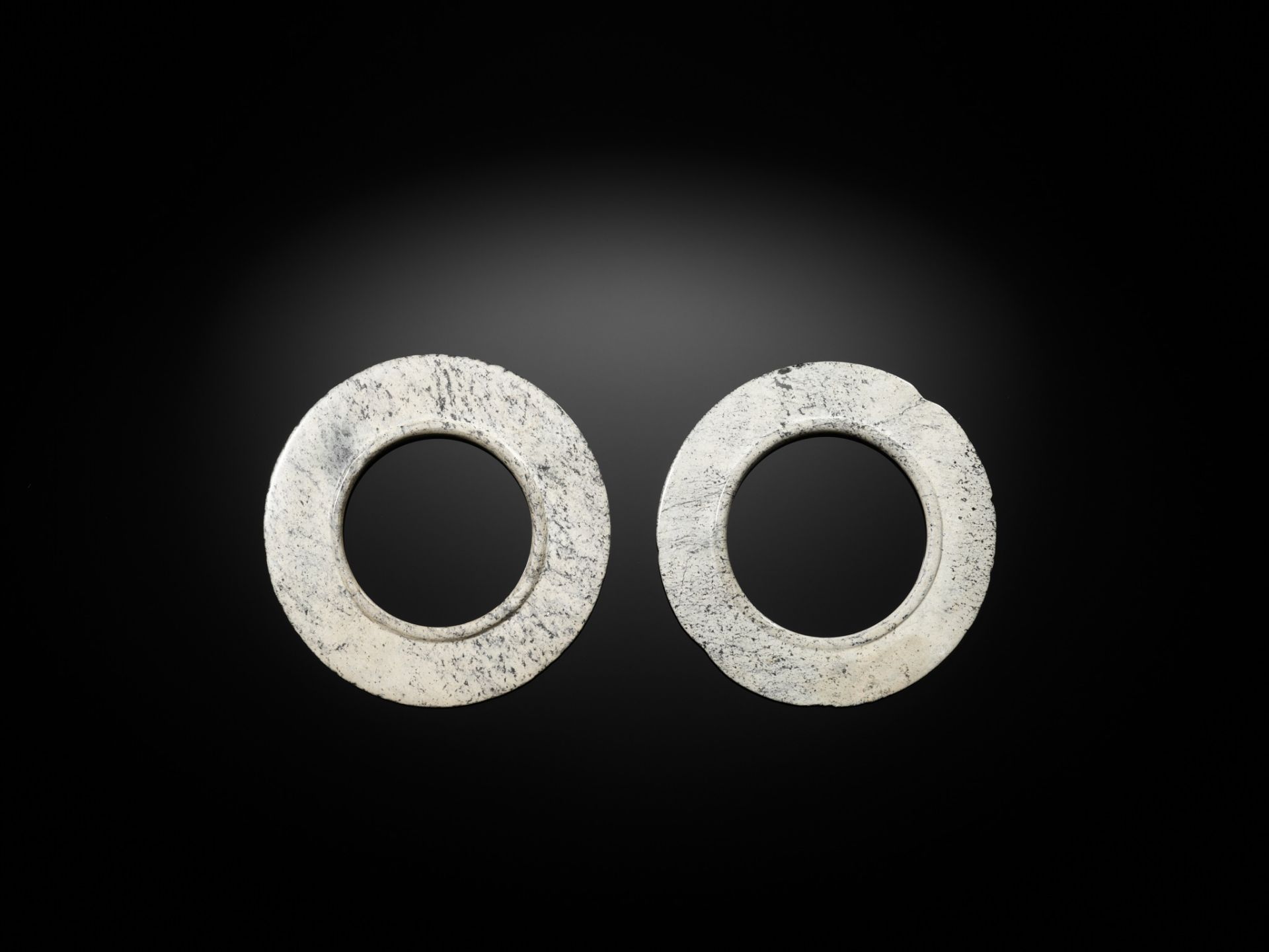 A PAIR OF DARK GREEN JADE COLLARED DISCS, BI, LATE SHANG DYNASTY - Image 2 of 12