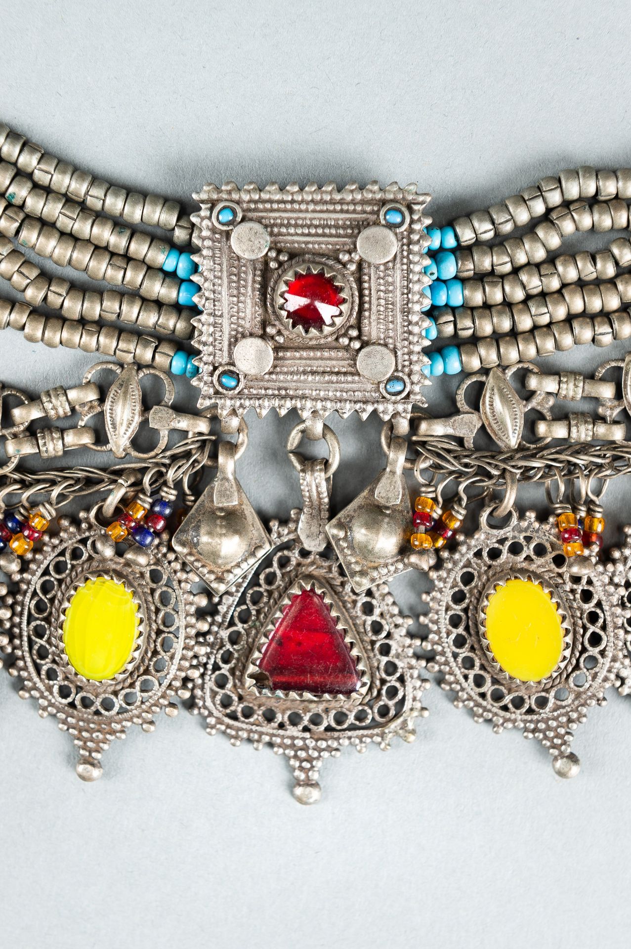 TWO TRIBAL AFGHAN MULTI-COLORED GLASS AND METAL NECKLACES, c. 1950s - Bild 9 aus 15