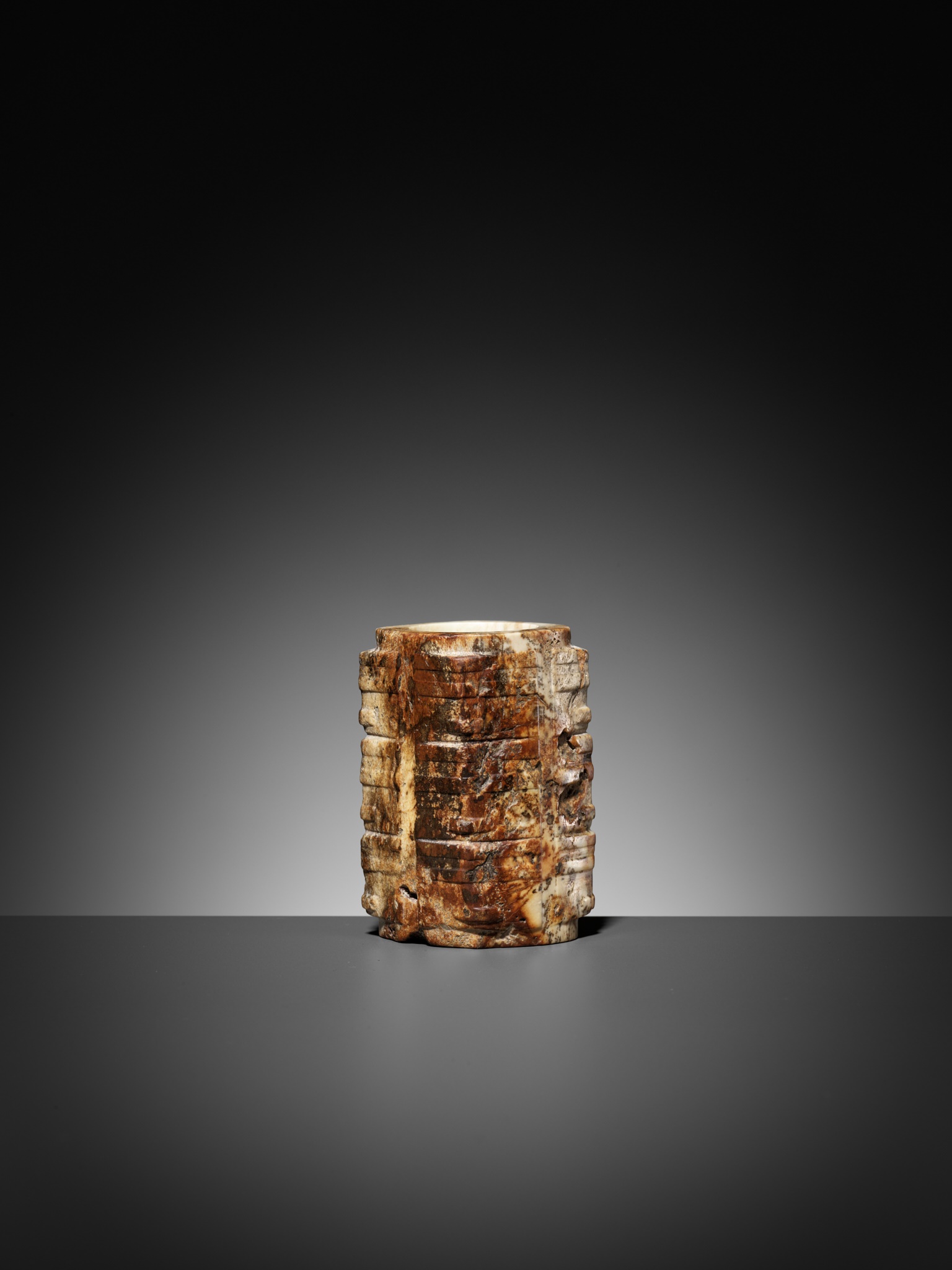 A THREE-TIERED WHITE AND RUSSET JADE CONG, LATE LIANGZHU CULTURE - Image 6 of 17