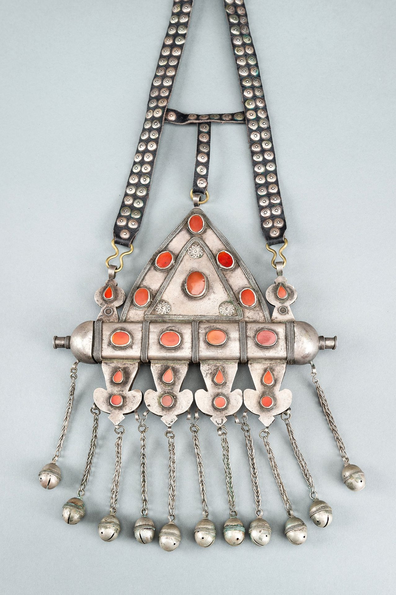 A TURKOMAN SILVER AND CARNELIAN AMULET HOLDER, c. 1900s