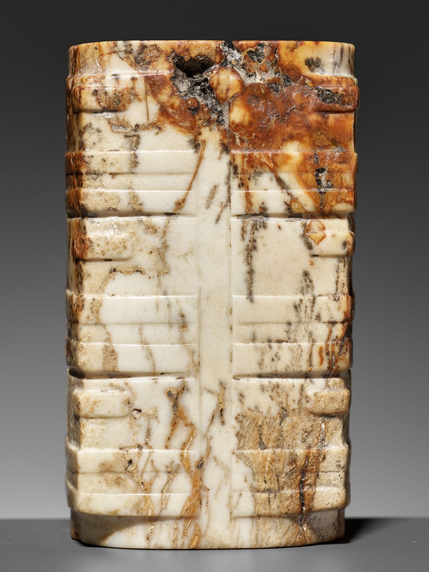 A THREE-TIERED WHITE AND RUSSET JADE CONG, LATE LIANGZHU CULTURE - Image 13 of 17