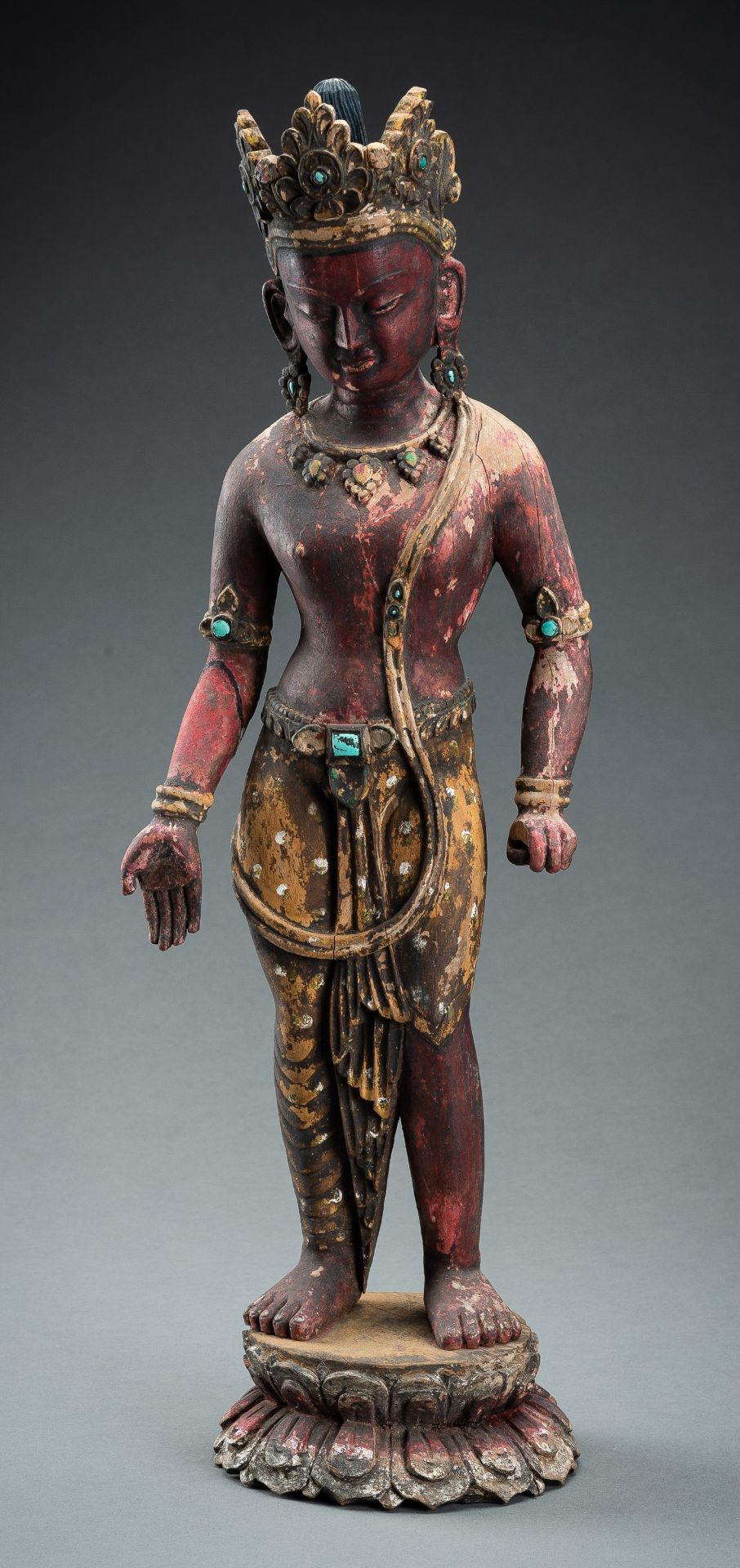 A PAINTED WOOD FIGURE OF PADMAPANI LOKESHVARA