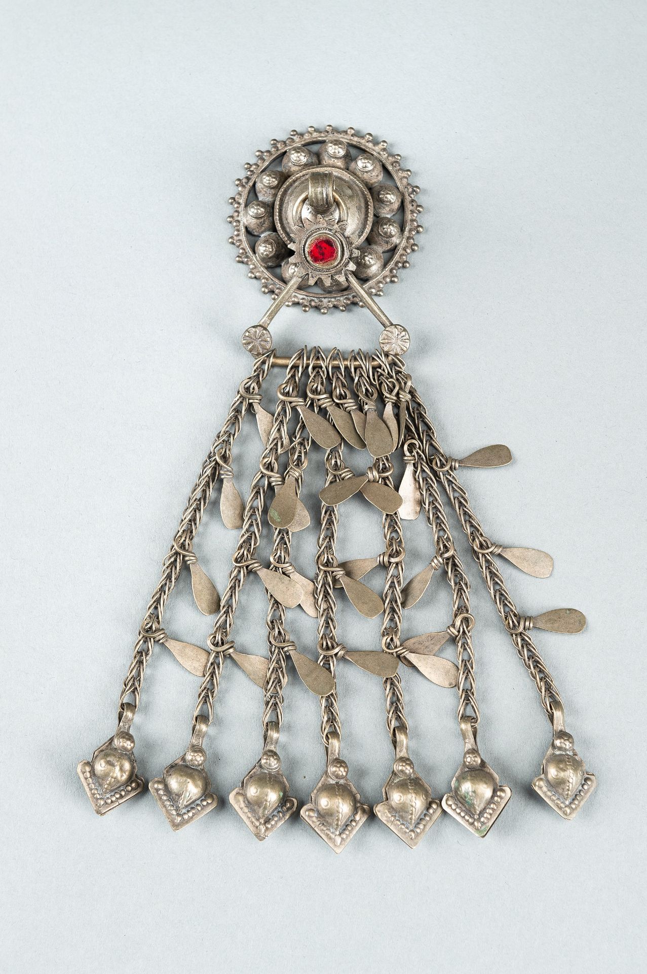 THREE TRIBAL AFGHAN METAL ORNAMENTS WITH INSETS, c. 1950s - Image 7 of 16