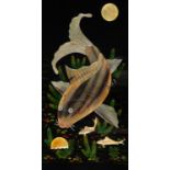 AN INLAID "CARP WATCHING THE MOON" LACQUER PANEL
