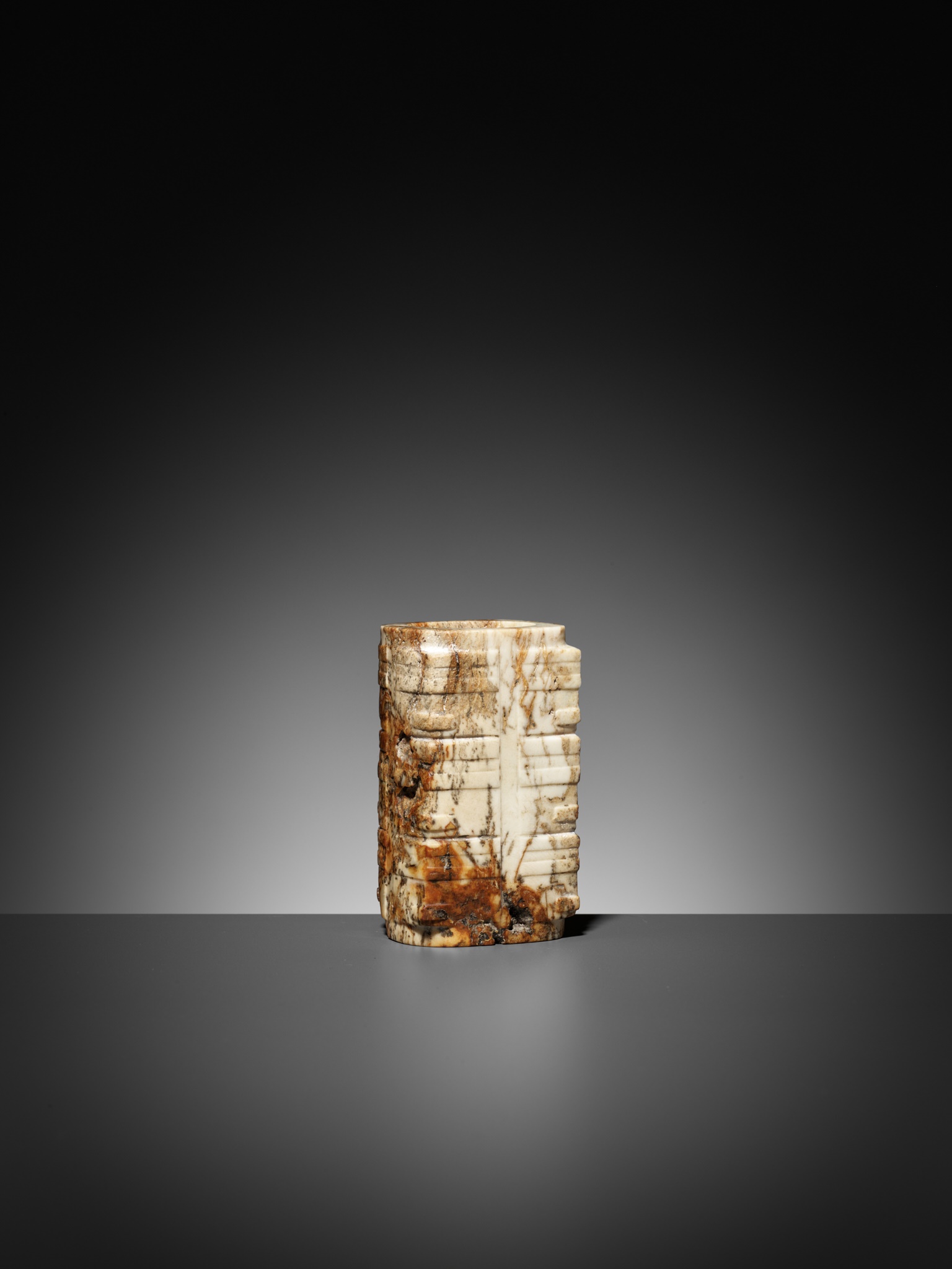 A THREE-TIERED WHITE AND RUSSET JADE CONG, LATE LIANGZHU CULTURE - Image 10 of 17